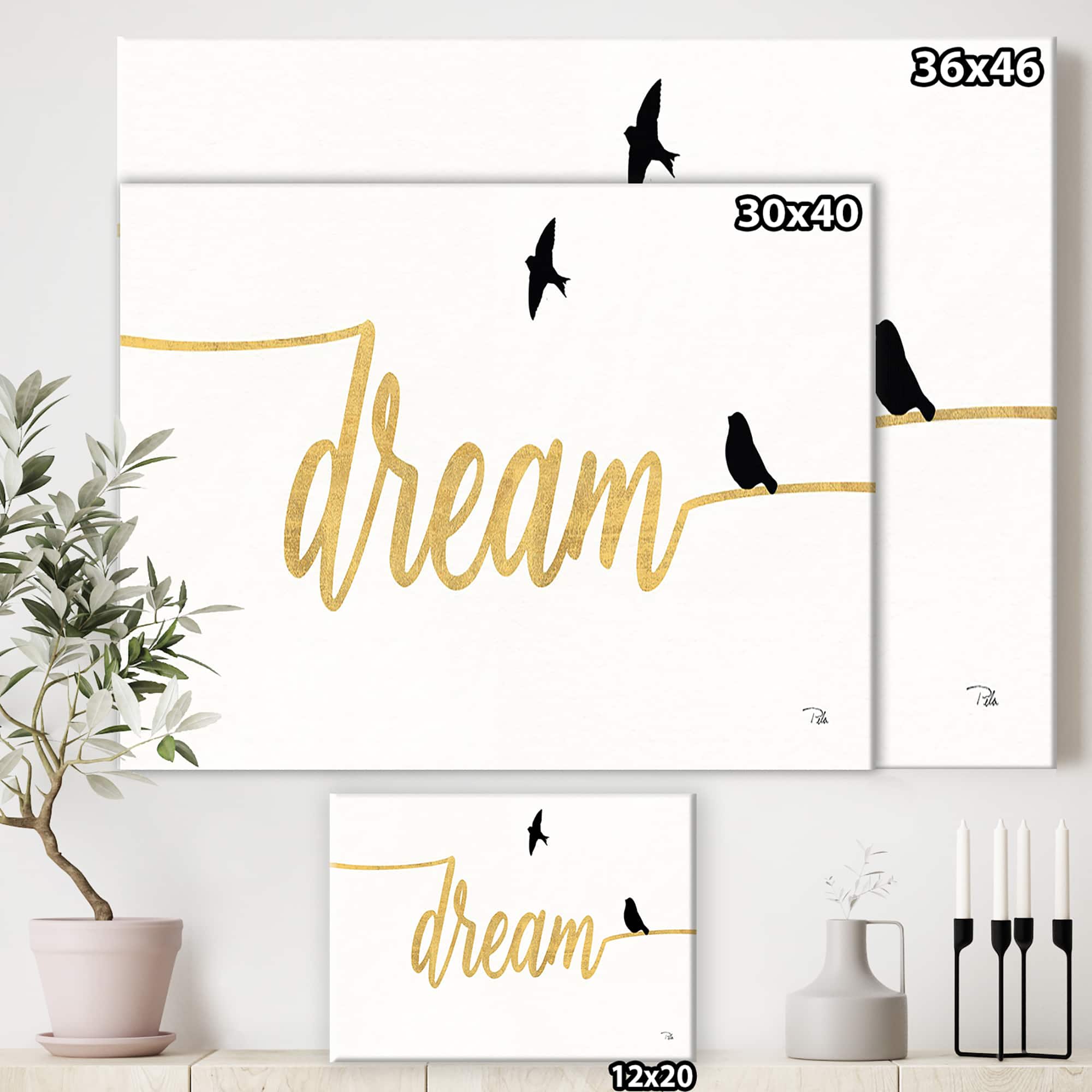Designart - Family of Birds on Gold Words II - Cottage Canvas Artwork