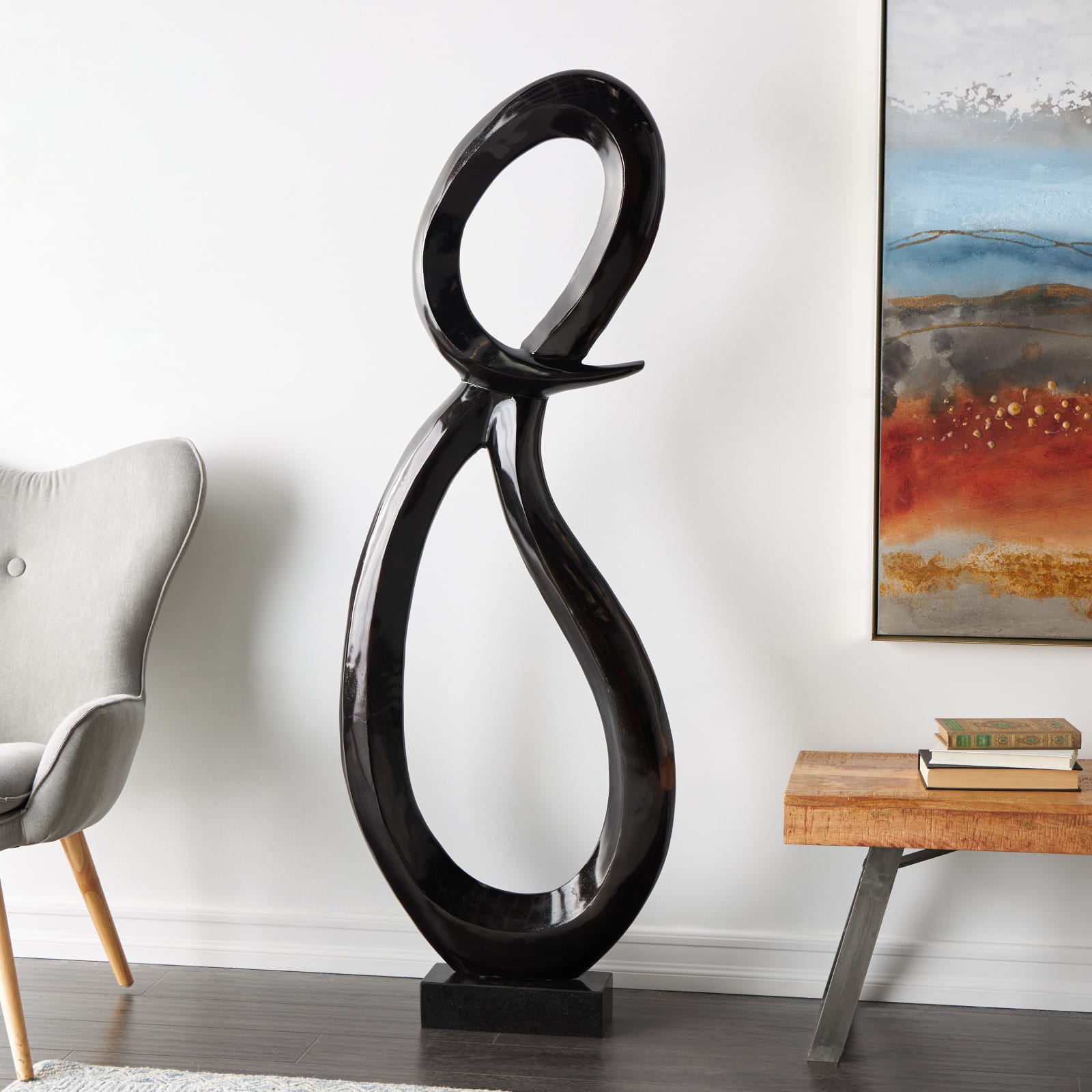 22.25" Black Aluminum Abstract Looped Floor Sculpture with Marble Base