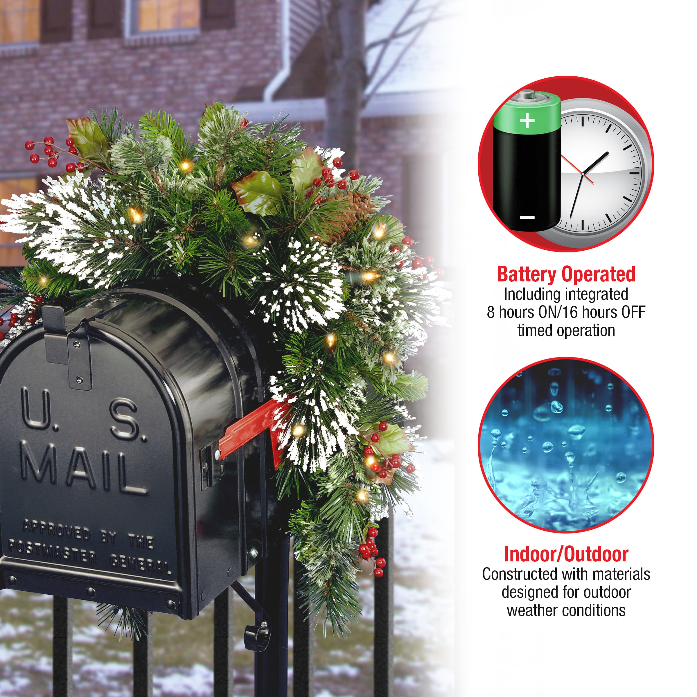 3ft. Pre-lit Wintry Pine® Collection Artificial Christmas Mailbox Swag with Red Berries, Cones & Snowflakes with 15 Battery Operated Soft White LED Lights