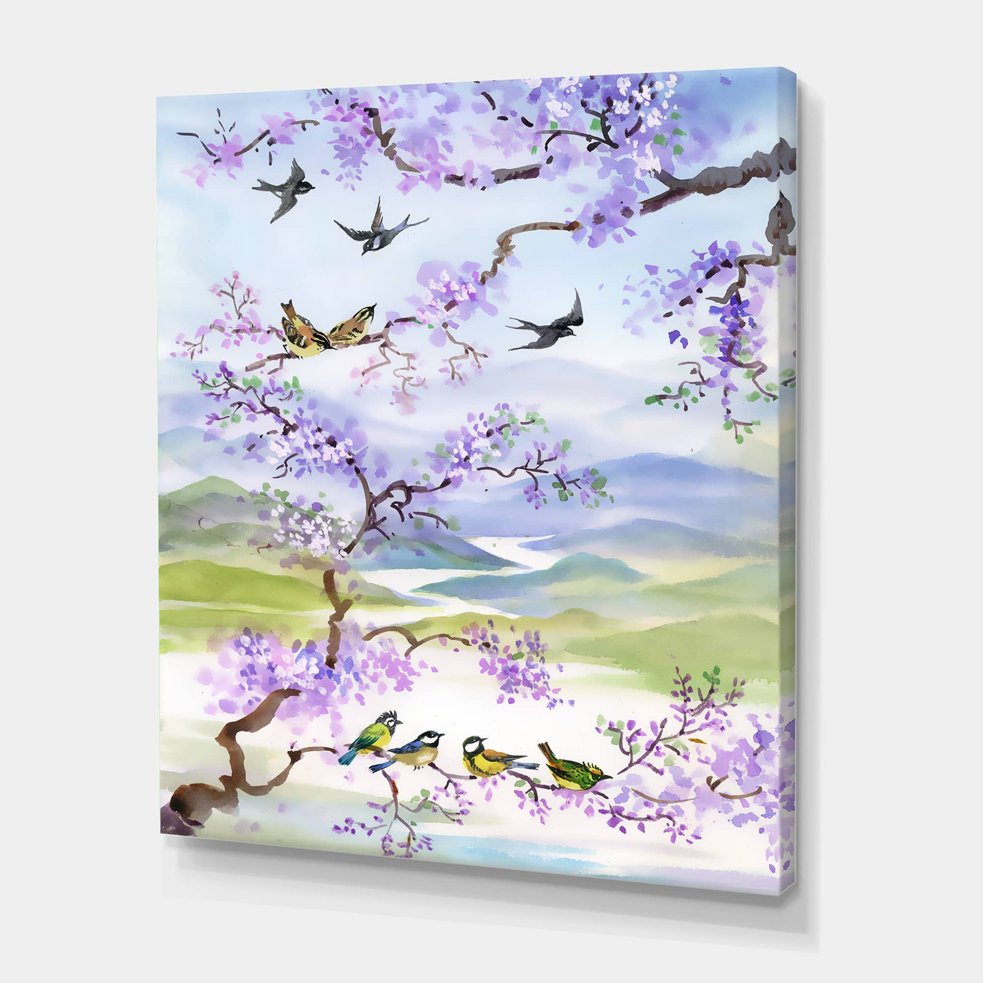 Designart - Birds On Cherry Branch - Traditional Canvas Wall Art Print