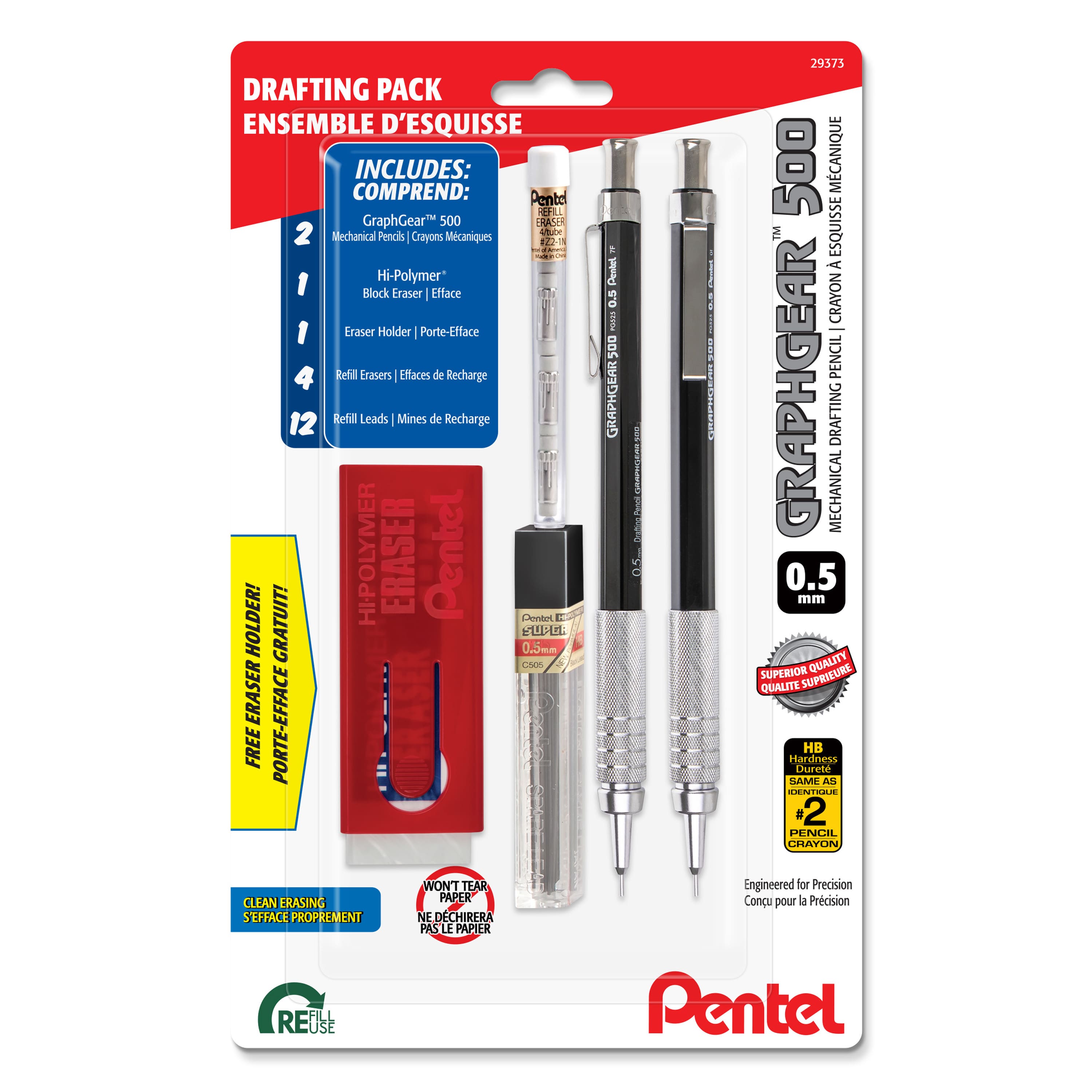 Pentel GraphGear™ 500 0.5mm Black Barrel Automatic Drafting Pencils with Lead & Small Block Eraser, 2ct.
