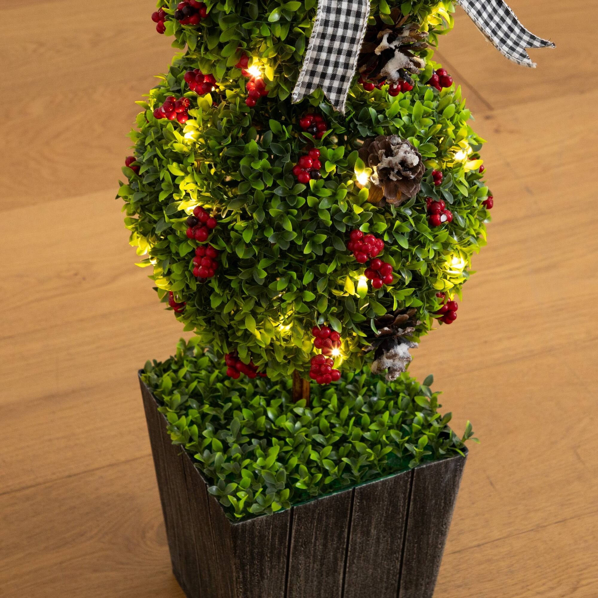 Nearly Natural 3.5ft. Pre-Lit Artificial Christmas Boxwood Snowman Topiary Tree in Decorative Planter