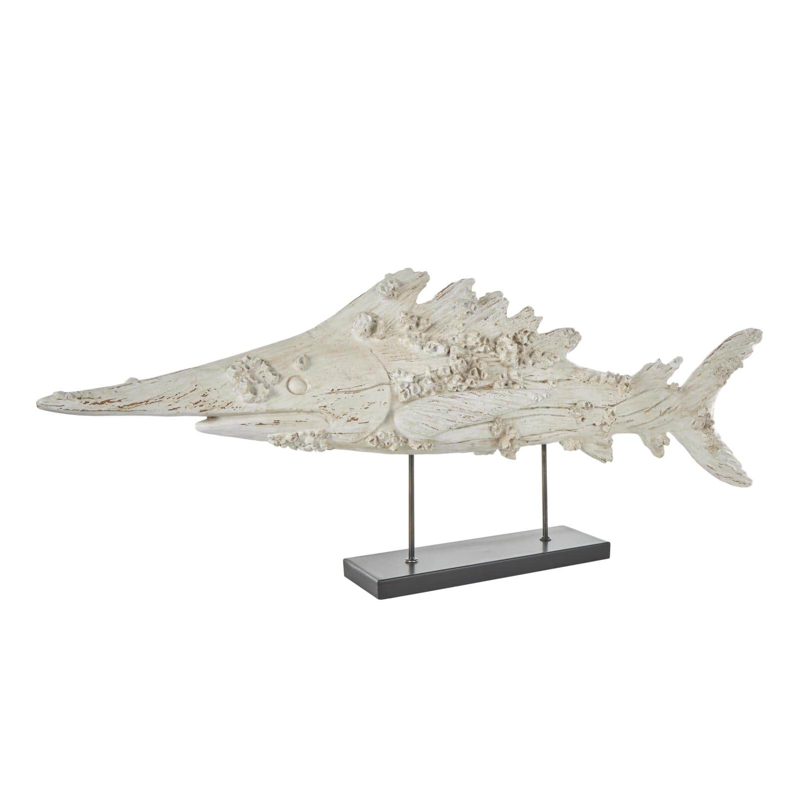 43.5" Cream Polystone Fish Textured Sculpture with Brown Distressing & Black Metal Stand