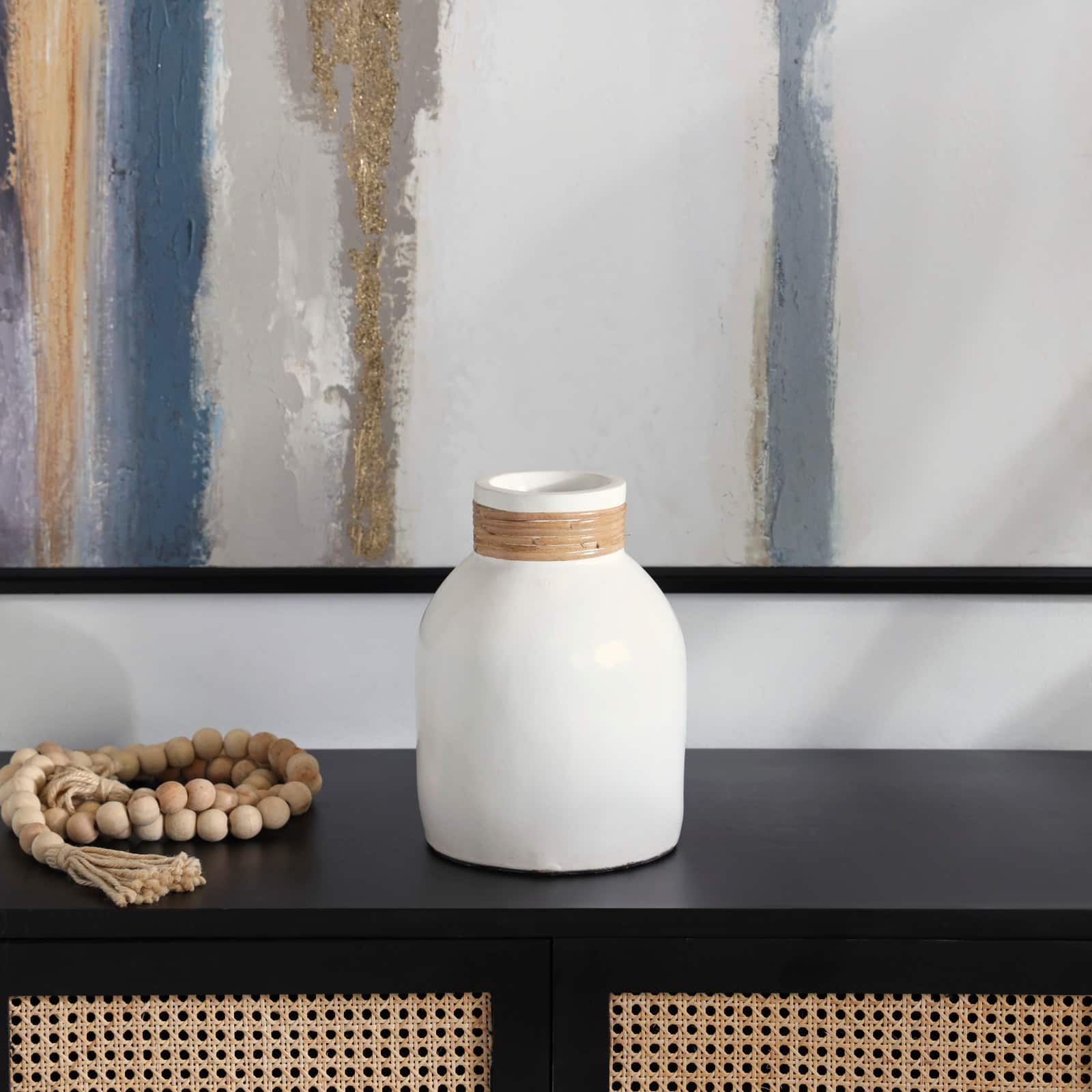 11" White Ceramic Vase with Wrapped Rattan Detailing
