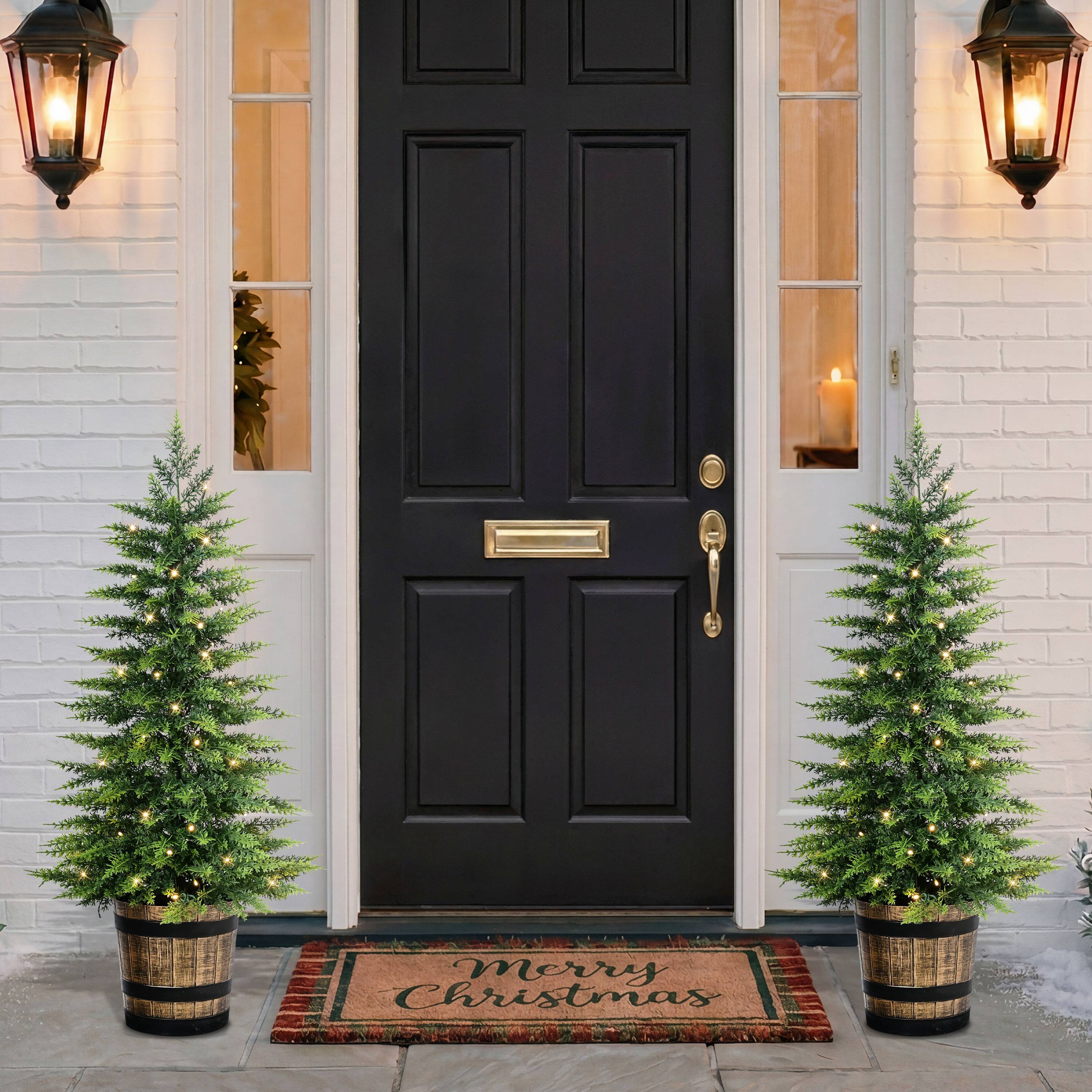 Puleo International 3.5ft. Pre-Lit Battery-Operated Artificial Christmas Trees with Whiskey Barrel Base, Warm White LED Lights, 2ct.