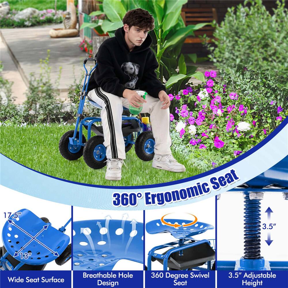 Costway Garden Cart Patio Wagon Roll Work Seat with Tray Basket Extendable Handle