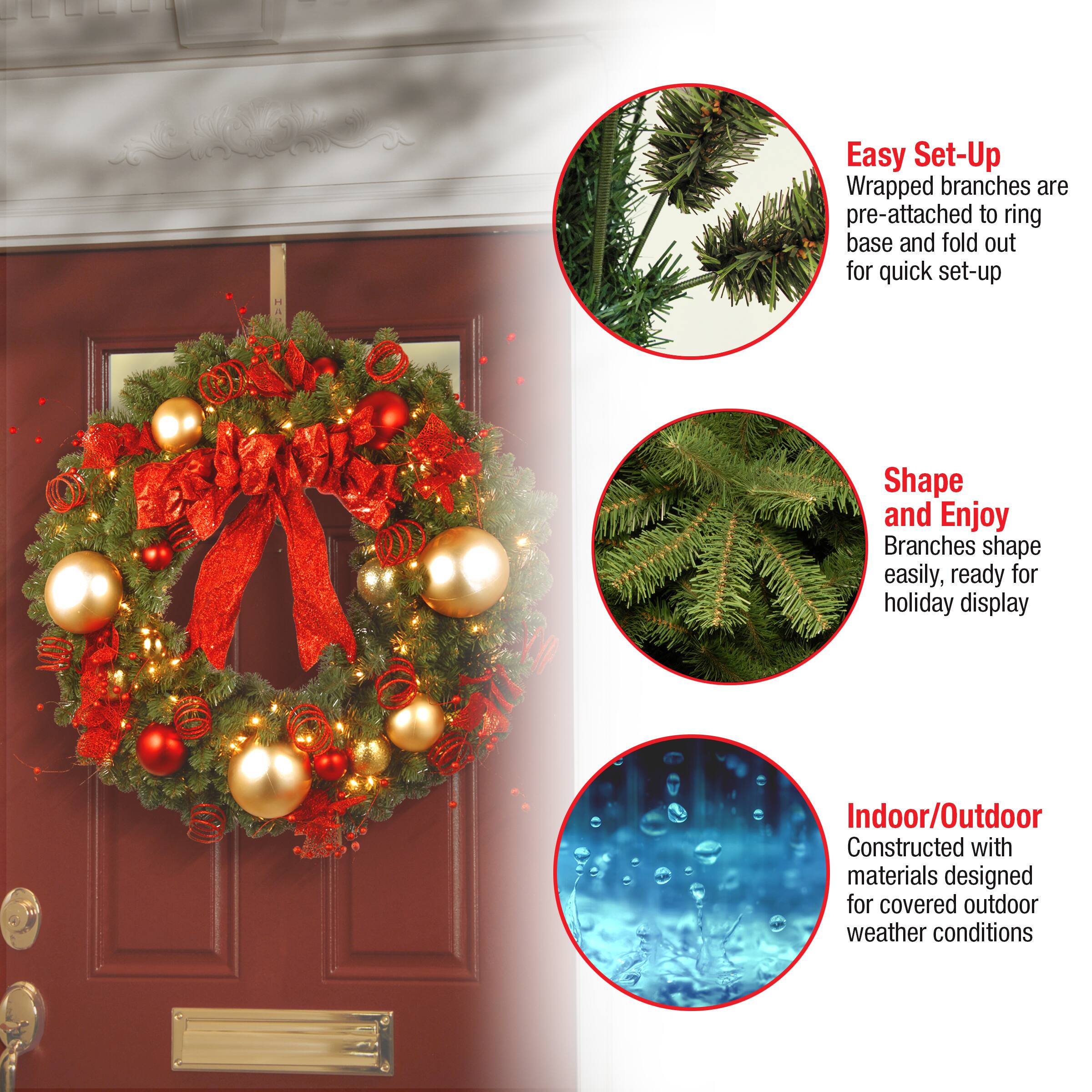 36" Decorative Collection Cozy Christmas Wreath With Red & Clear Lights