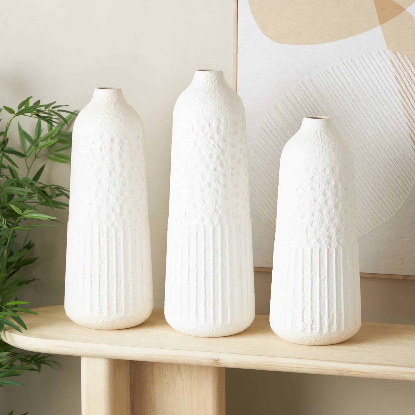 White Metal Textured Decorative Vase with Honeycomb Pattern Set