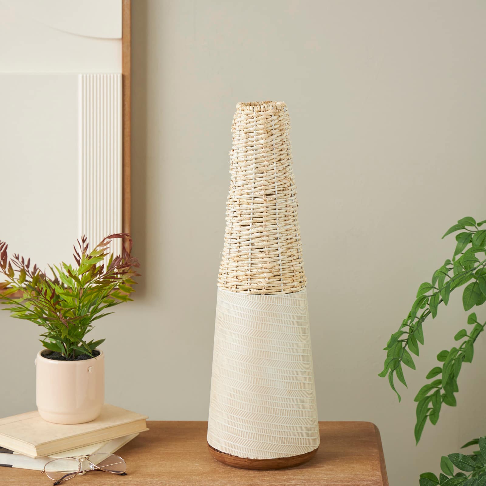Light Brown Rattan Handmade Woven Vase with Beige Metal Base