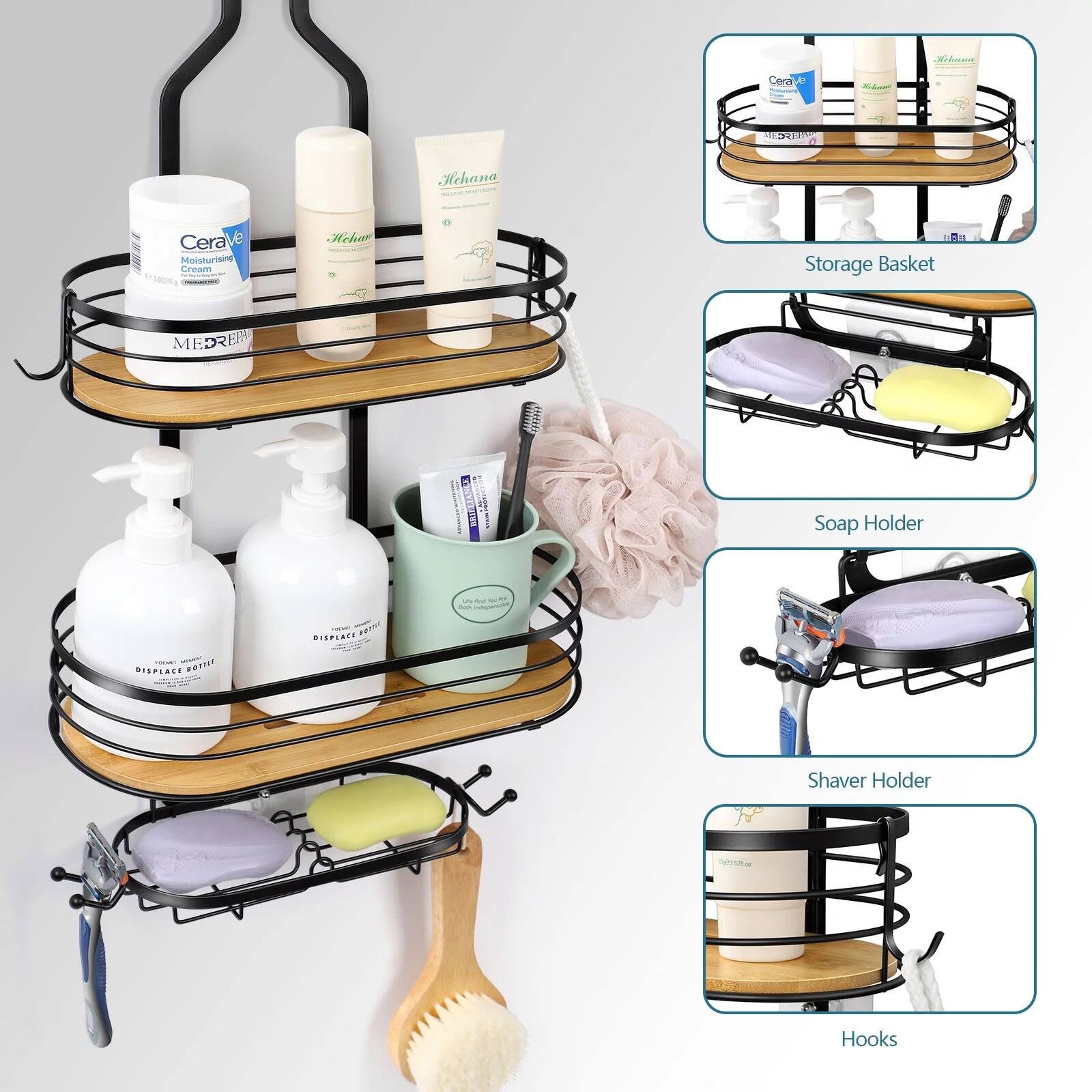 NEX™ Black Stainless Steel & Bamboo Hanging Caddy Shower Organizer with Hooks