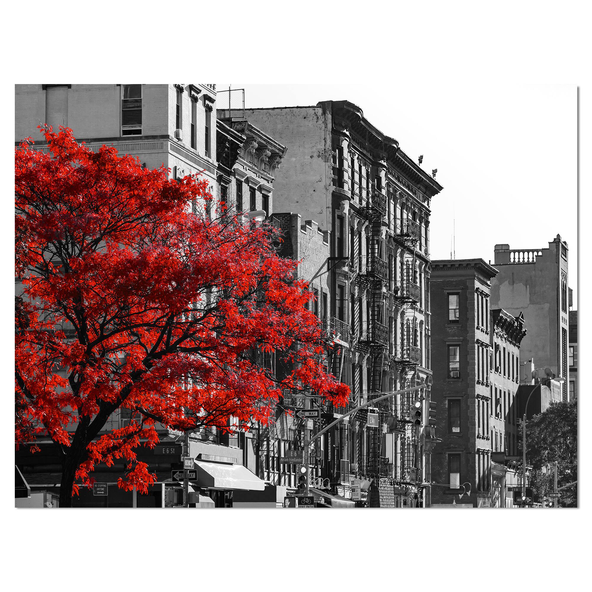 Designart - Red Tree on Black and White New York City Street - Floral Cityscapes Photographic on wrapped Canvas