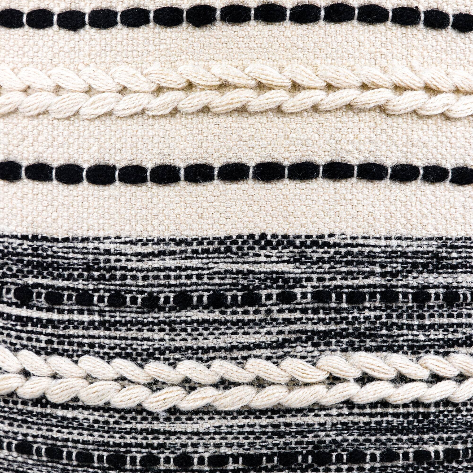 18" Cream & Black Woven Stripes Outdoor Pouf Ottoman