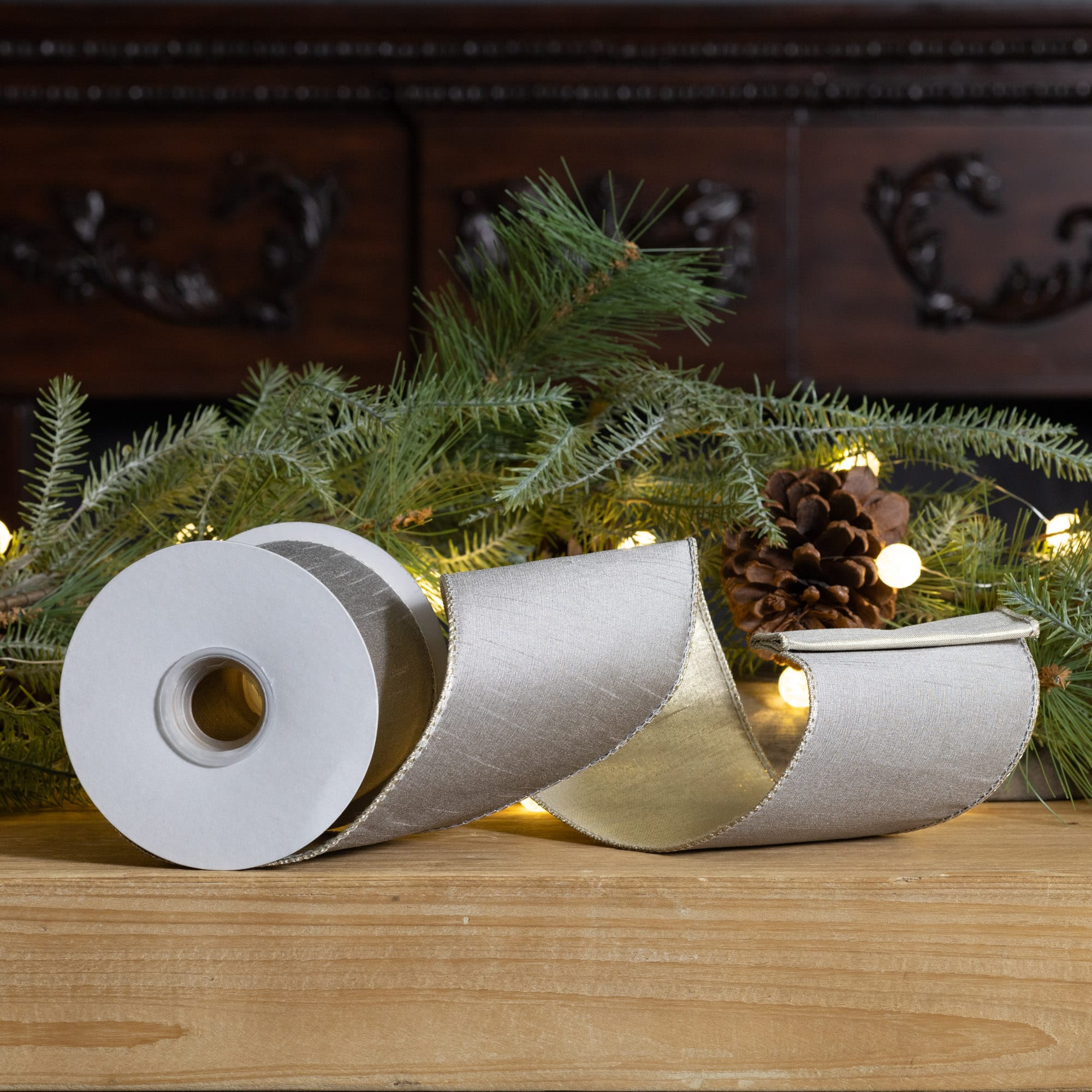 Melrose 4" x 10yd. Beige Wired Holiday Ribbon