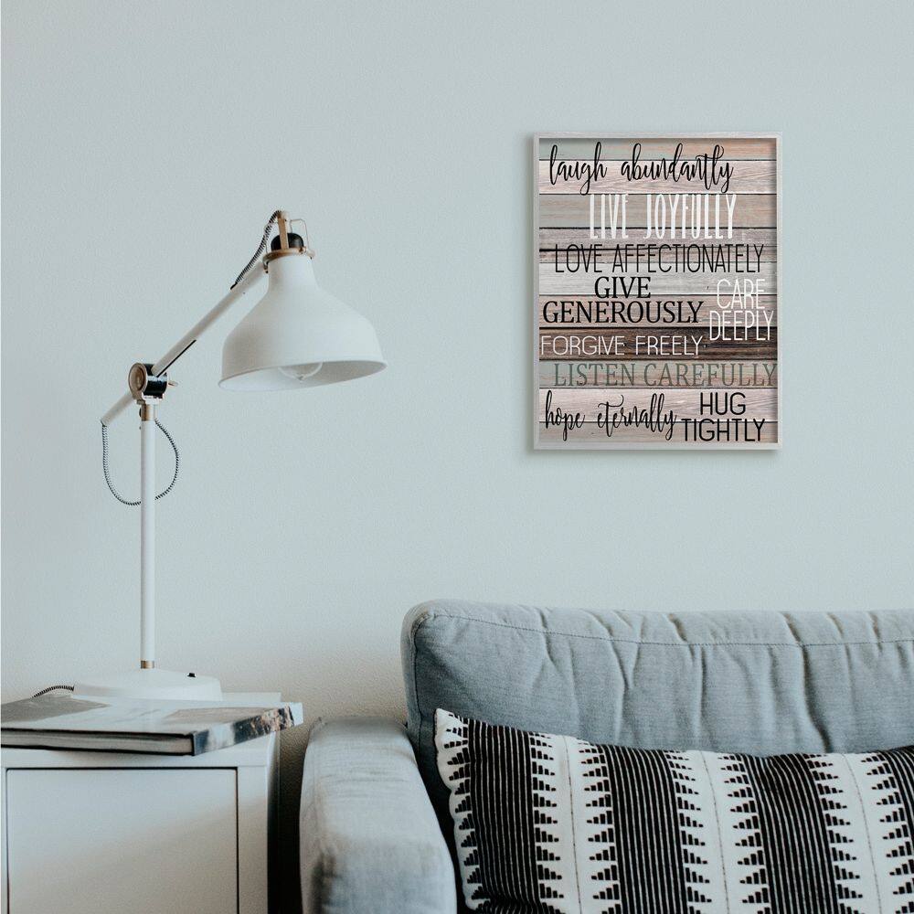 Stupell Industries Live Joyfully Phrases on Wood Grain Brown Tan Teal in Frame Wall Art