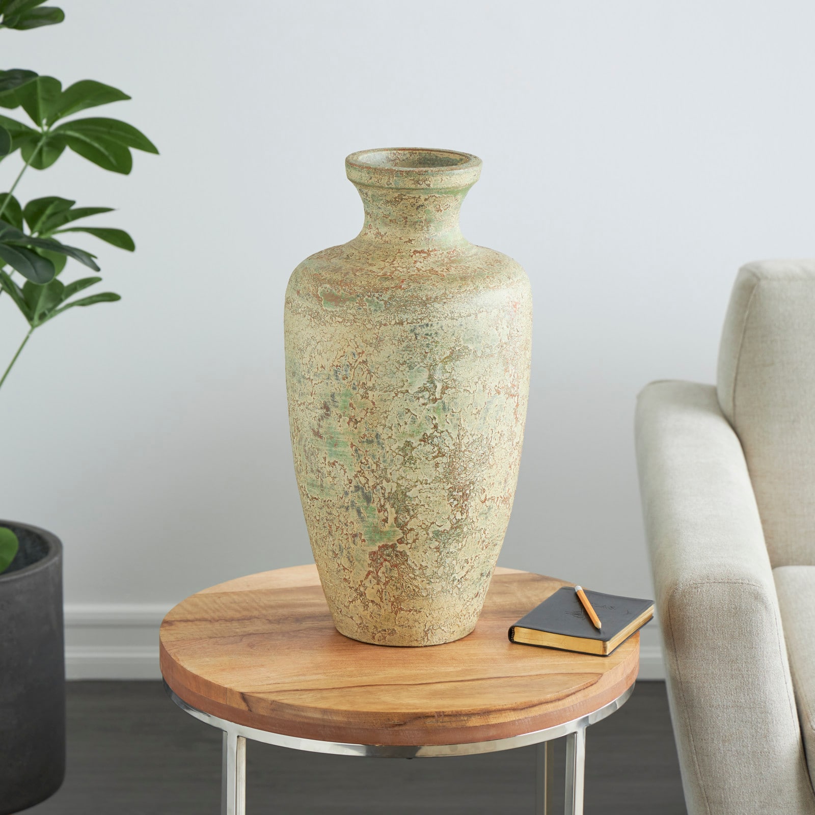 Brown Ceramic Vase with Green Accents