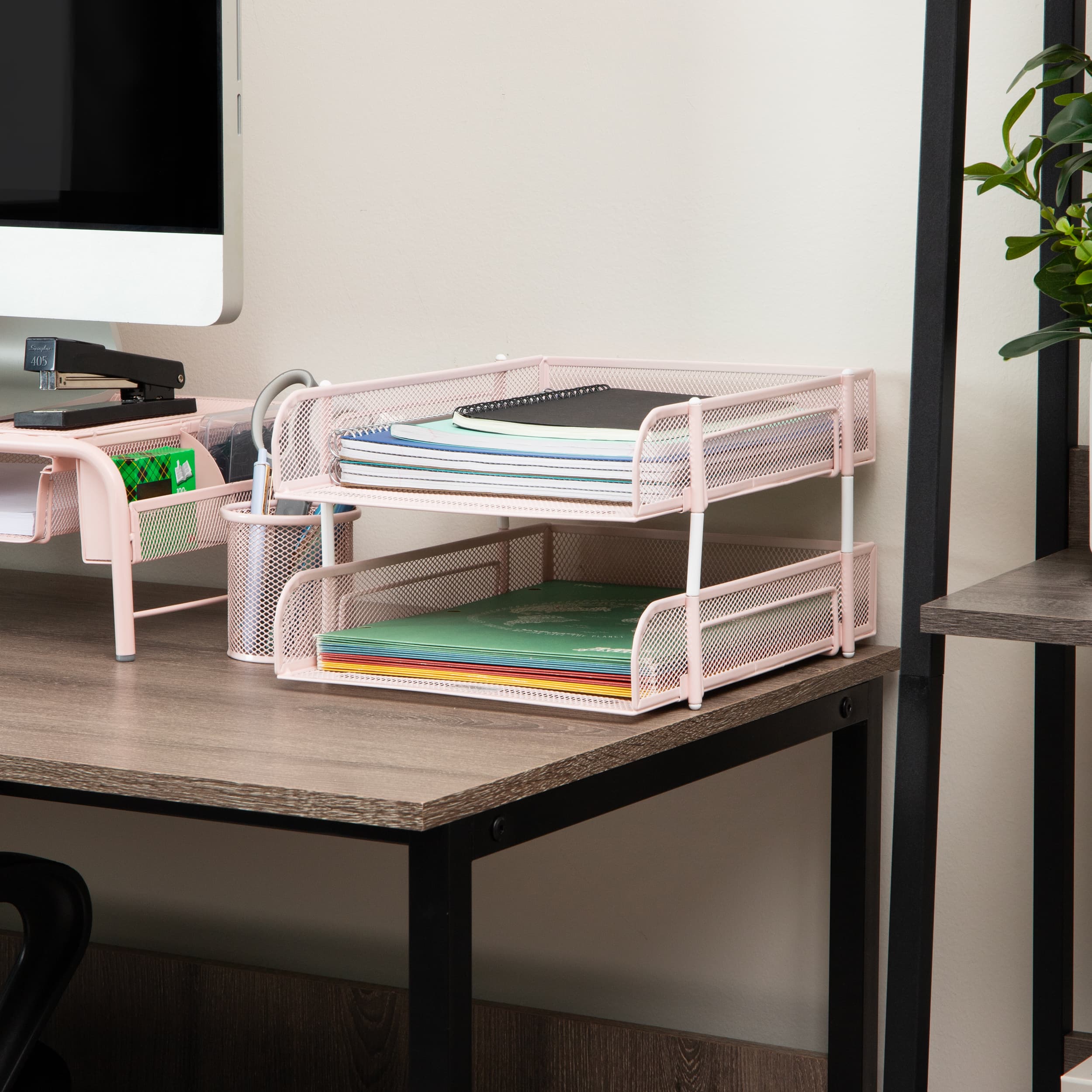 Mind Reader Stackable Paper Tray, Desktop Organizer, File Storage, Office, Metal Mesh, 10.5"L x 13.25"W x 7.5"H, 2 Pcs, Pink
