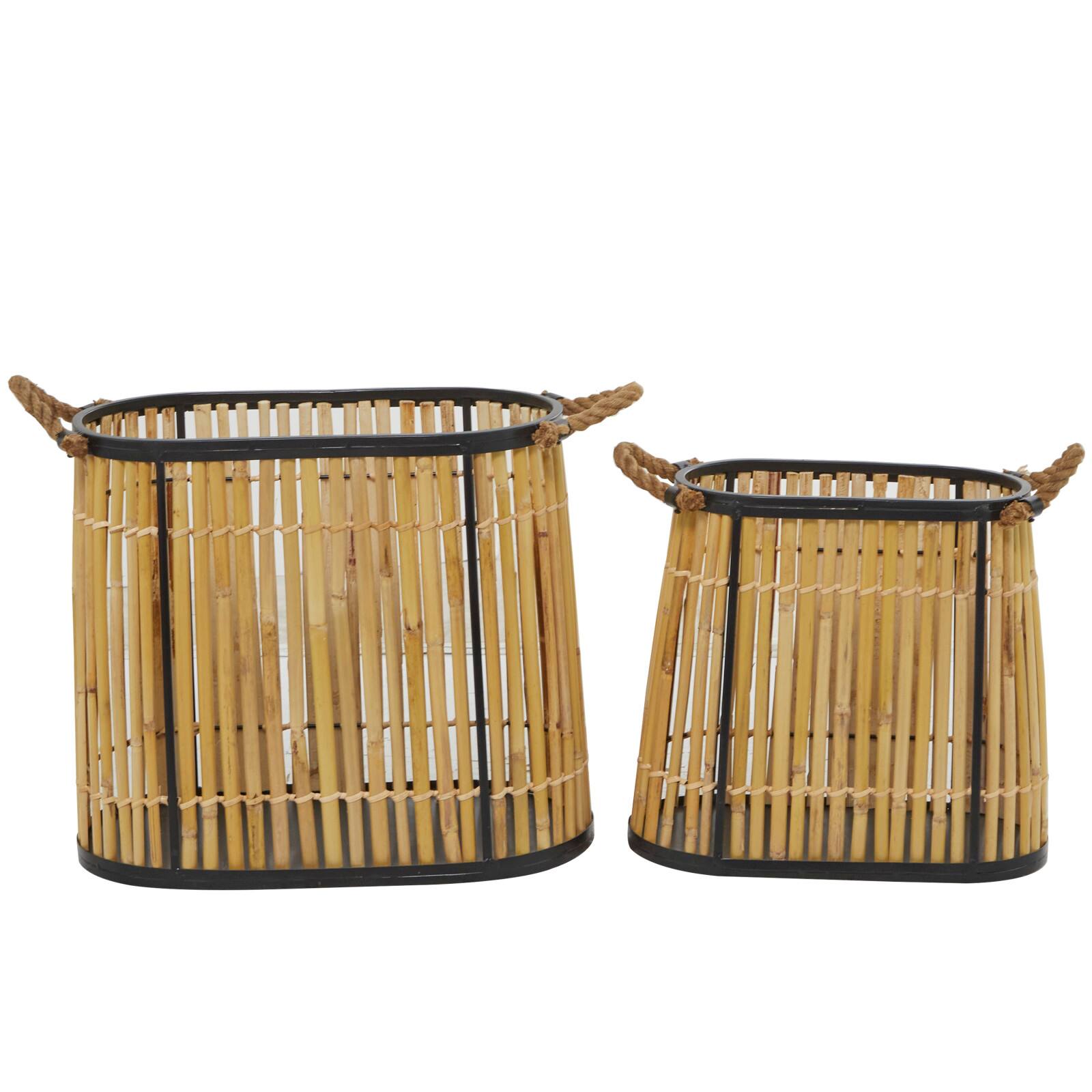 Brown Wicker Handmade Slatted Frame Storage Basket with Handles Set of 2 19", 14"