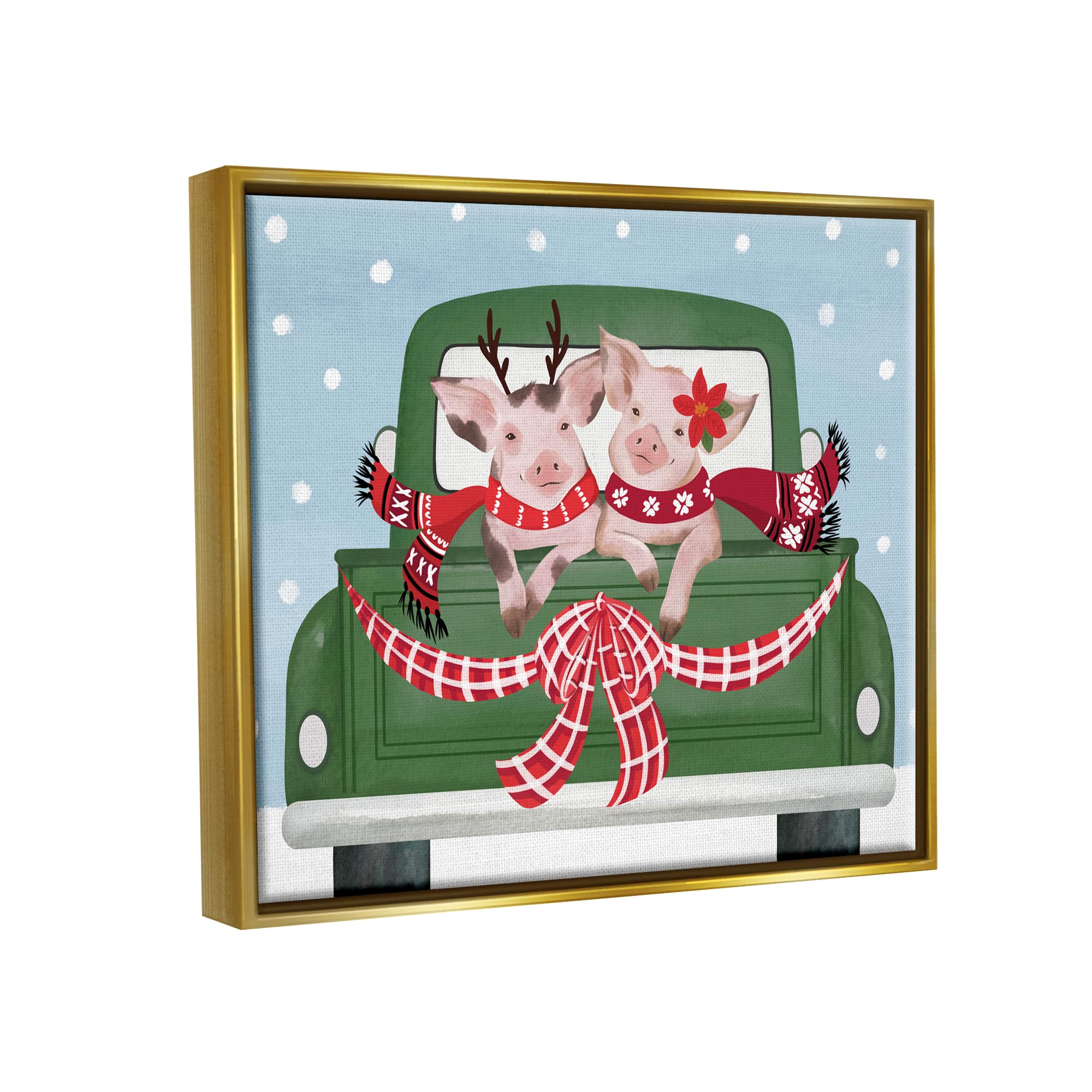 Stupell Industries Farmhouse Pigs Green Holiday Truck Framed Floater Canvas Wall Art