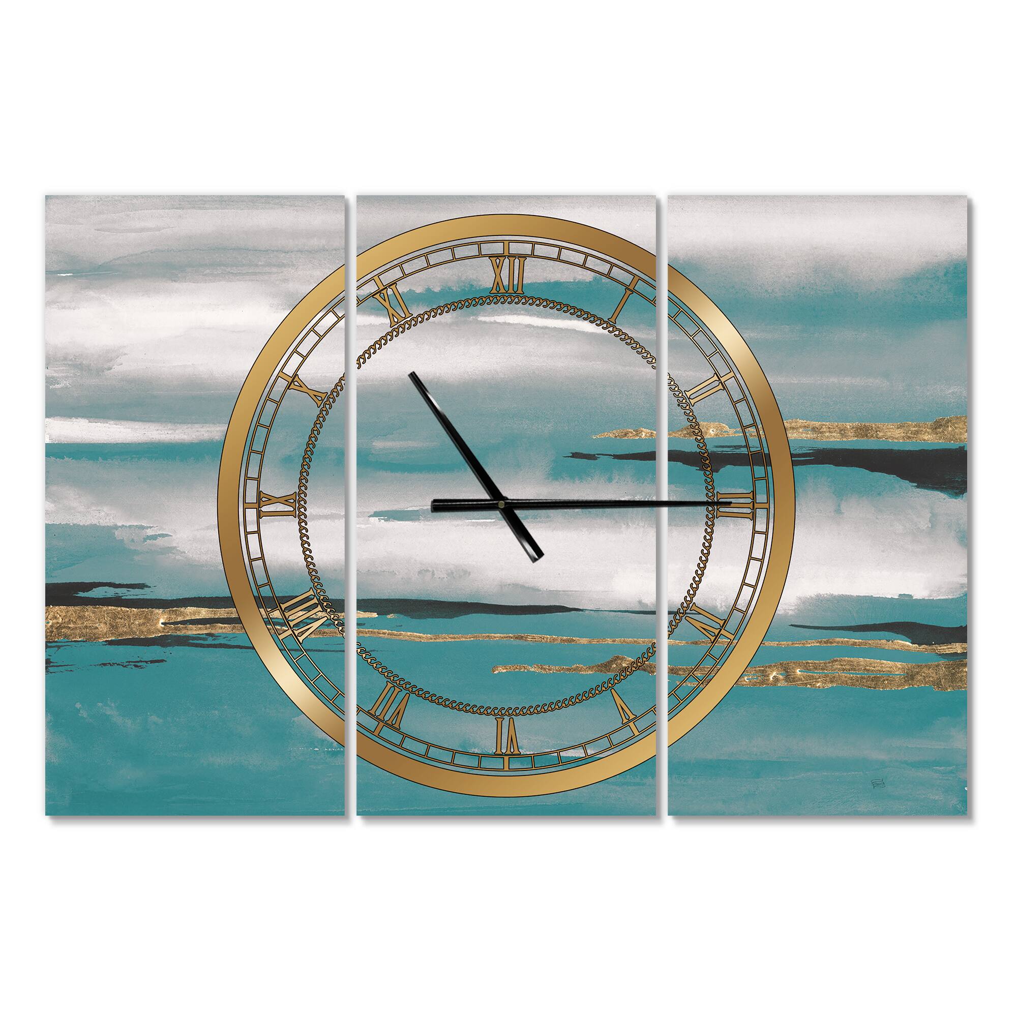 Designart Glam Teal Watercolor II Modern 3 Panel Wall Clock