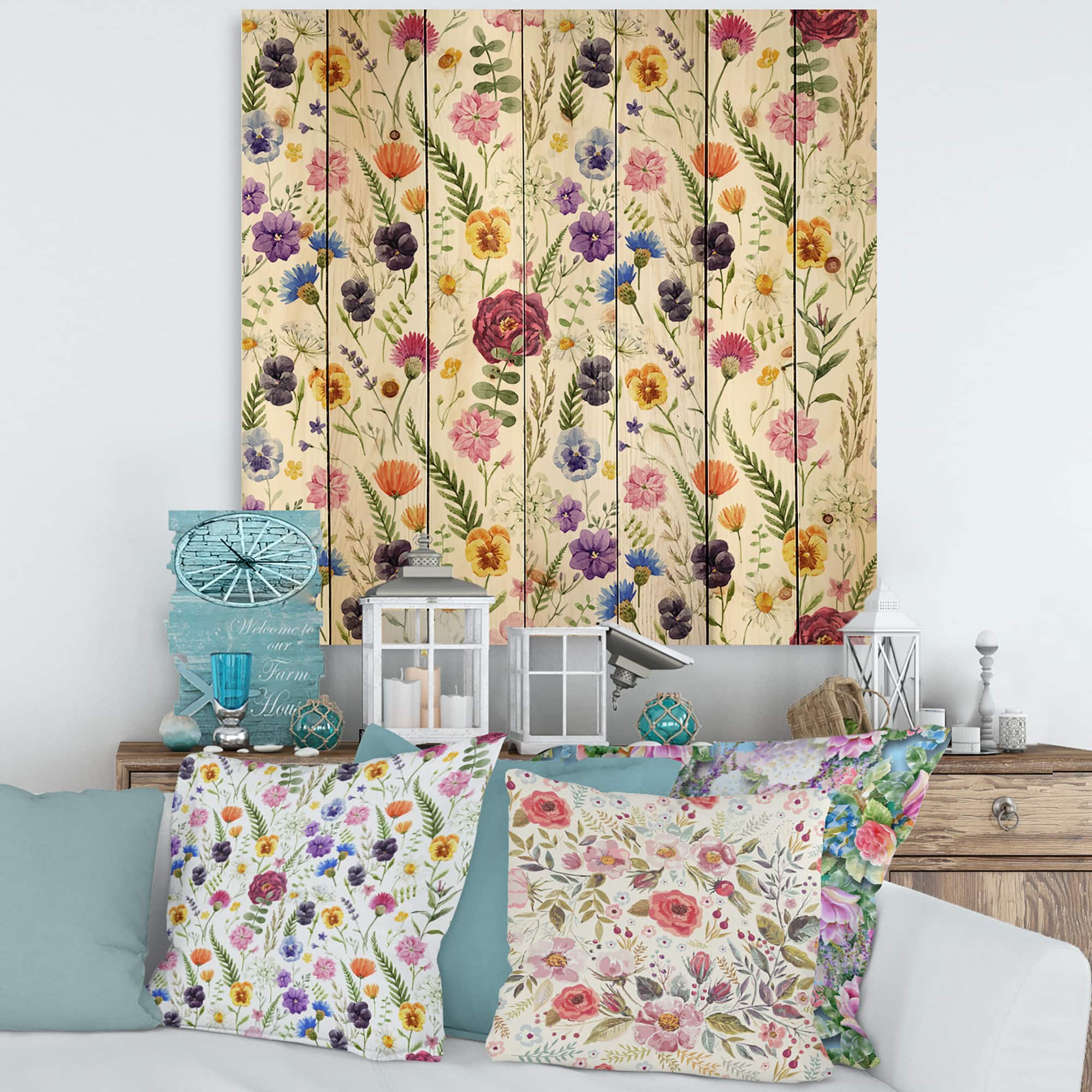 Designart - Wildflowers Floral Pattern II - Traditional Print on Natural Pine Wood