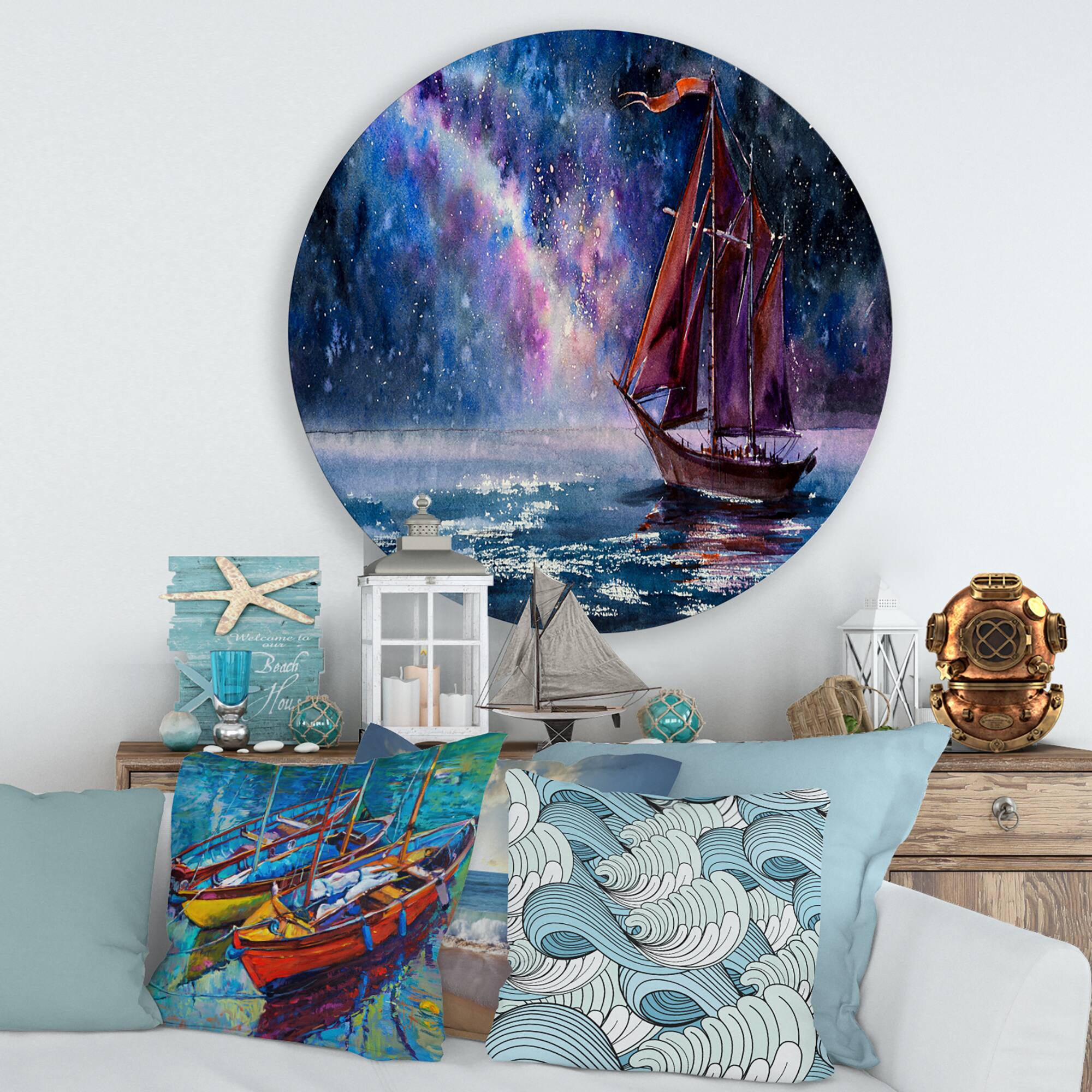 Designart - Wooden Sailboat With Red Sails & Bright Night Sky