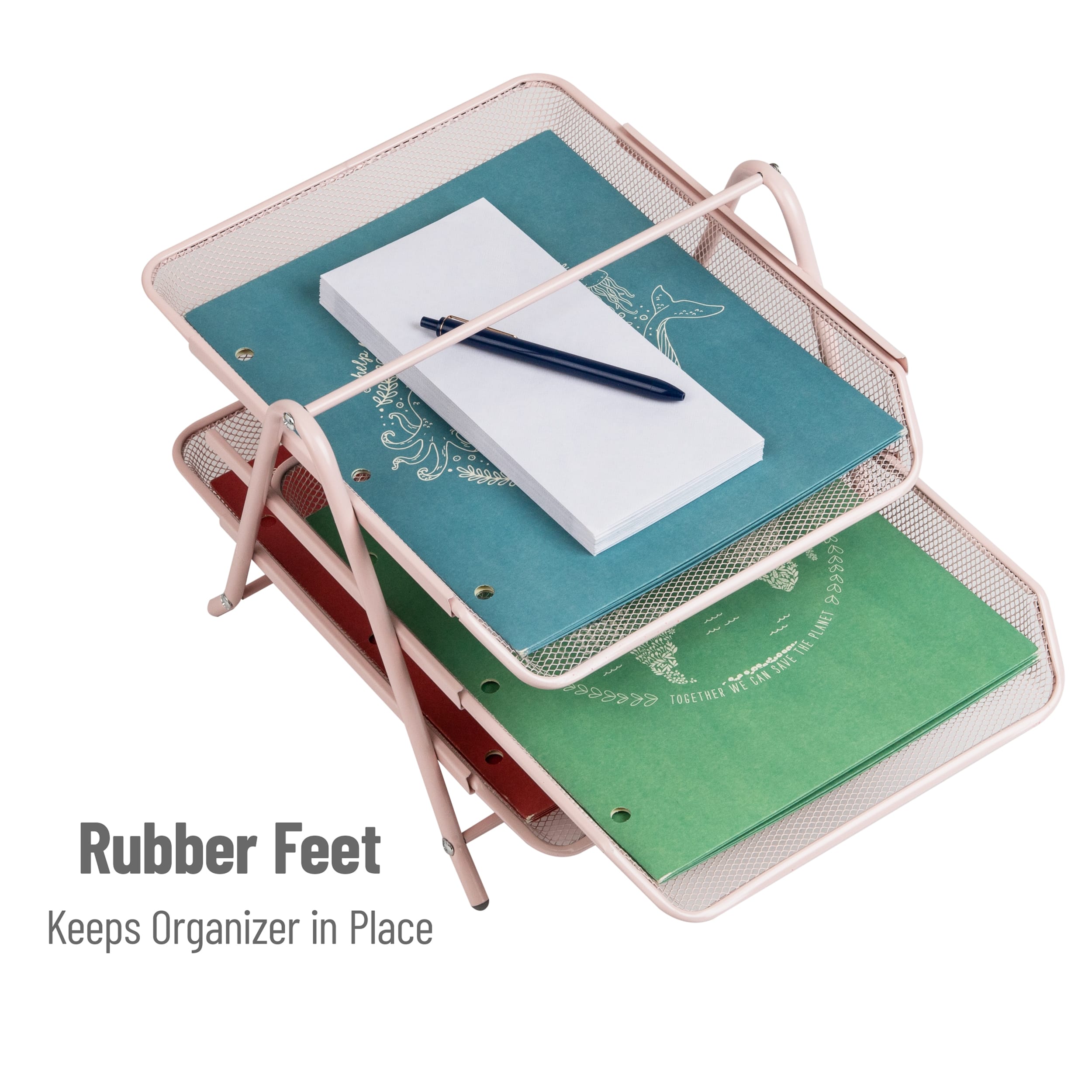 Mind Reader 3-Tier Paper Tray, Desktop Organizer, File Storage, Workspace, Office, Metal Mesh, 11.75"L x 13.75"W x 10"H, Pink