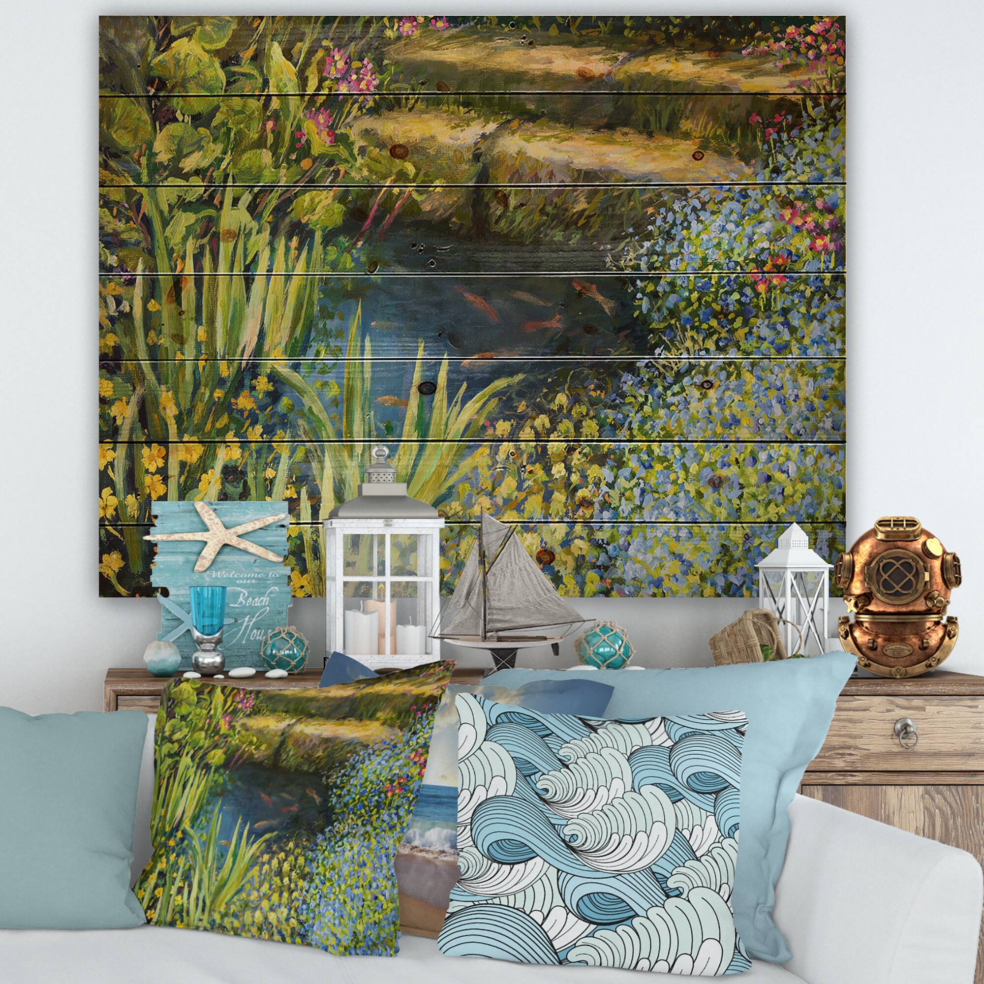 Designart - Colorful Silence At The Lake Side - Lake House Print on Natural Pine Wood