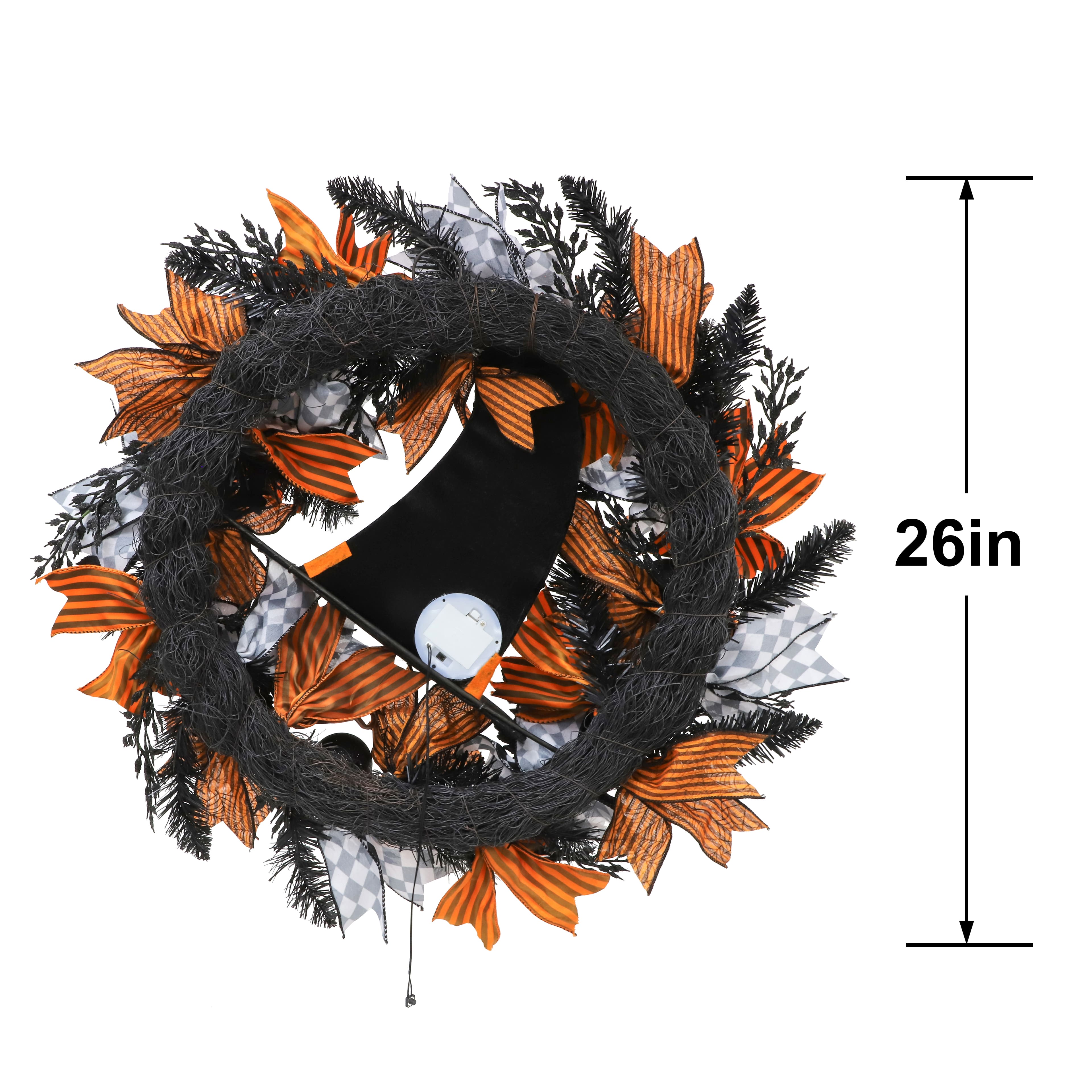 26" Black & Orange LED Witch Hat Wreath by Ashland®