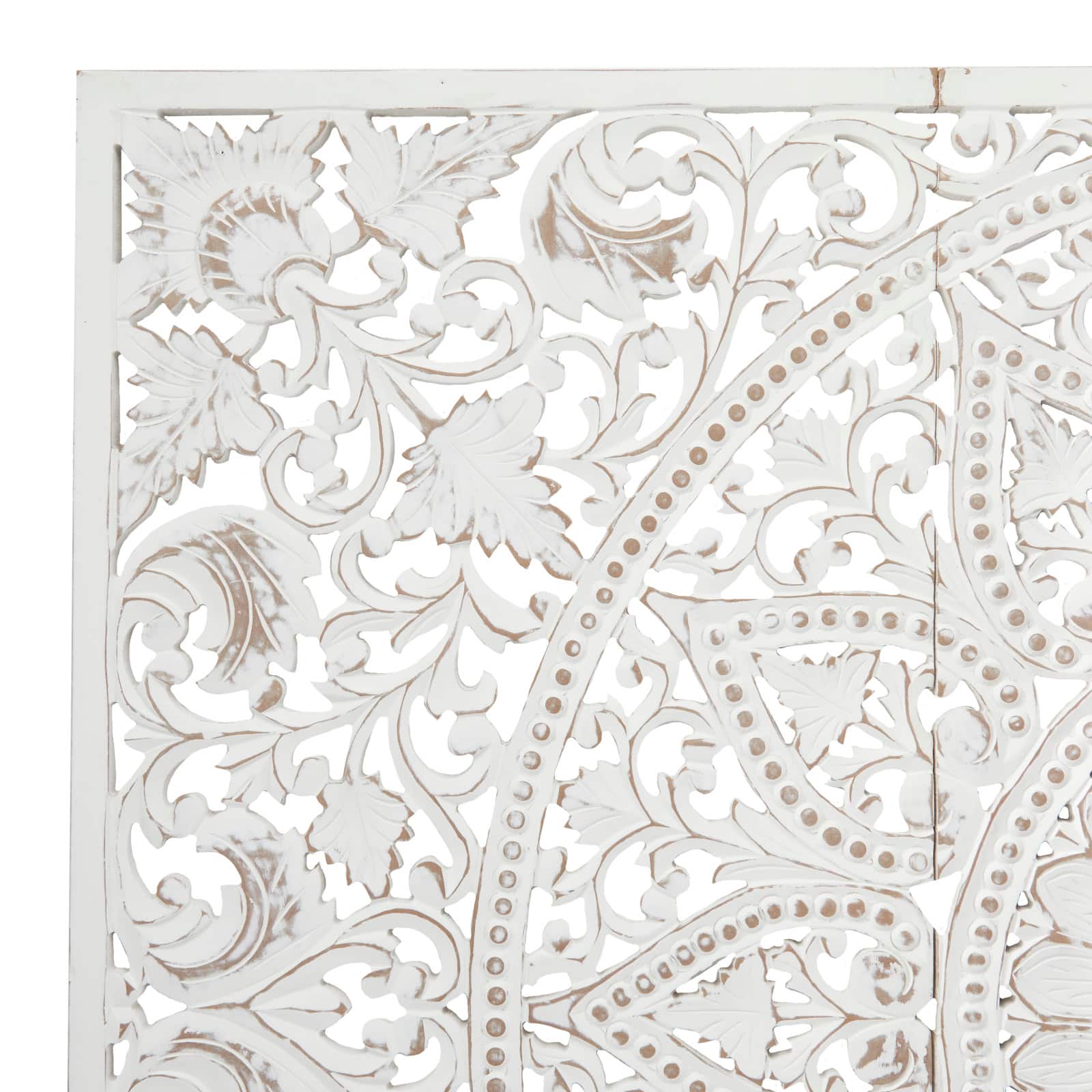 White Wood Handmade Intricately Carved Floral Wall Decor with Mandala Design Set of 3 22", 48"