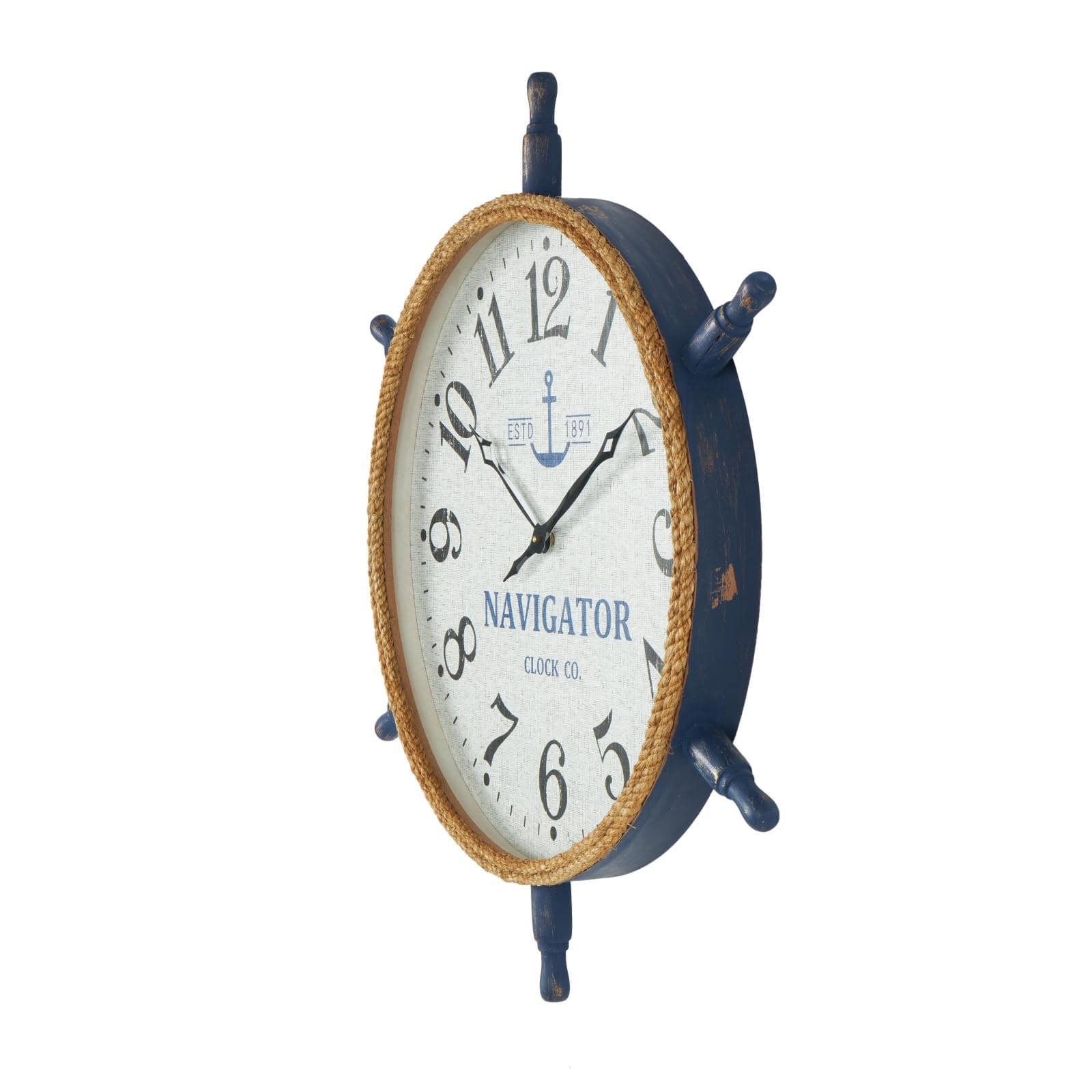 33" White & Blue Wood & Rope Ship Wheel Decorative Wall Clock