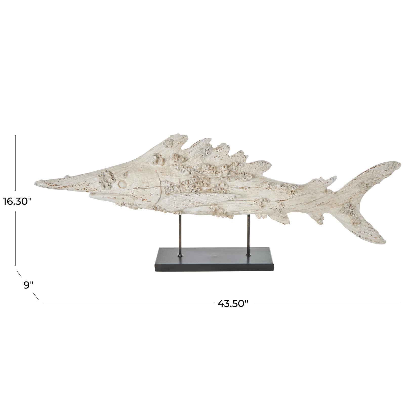 43.5" Cream Polystone Fish Textured Sculpture with Brown Distressing & Black Metal Stand
