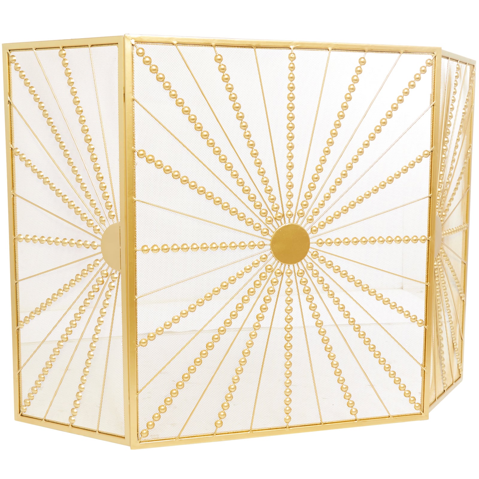 Gold Metal Foldable 3-Panel Starburst Fireplace Screen with Bead Inspired Rays