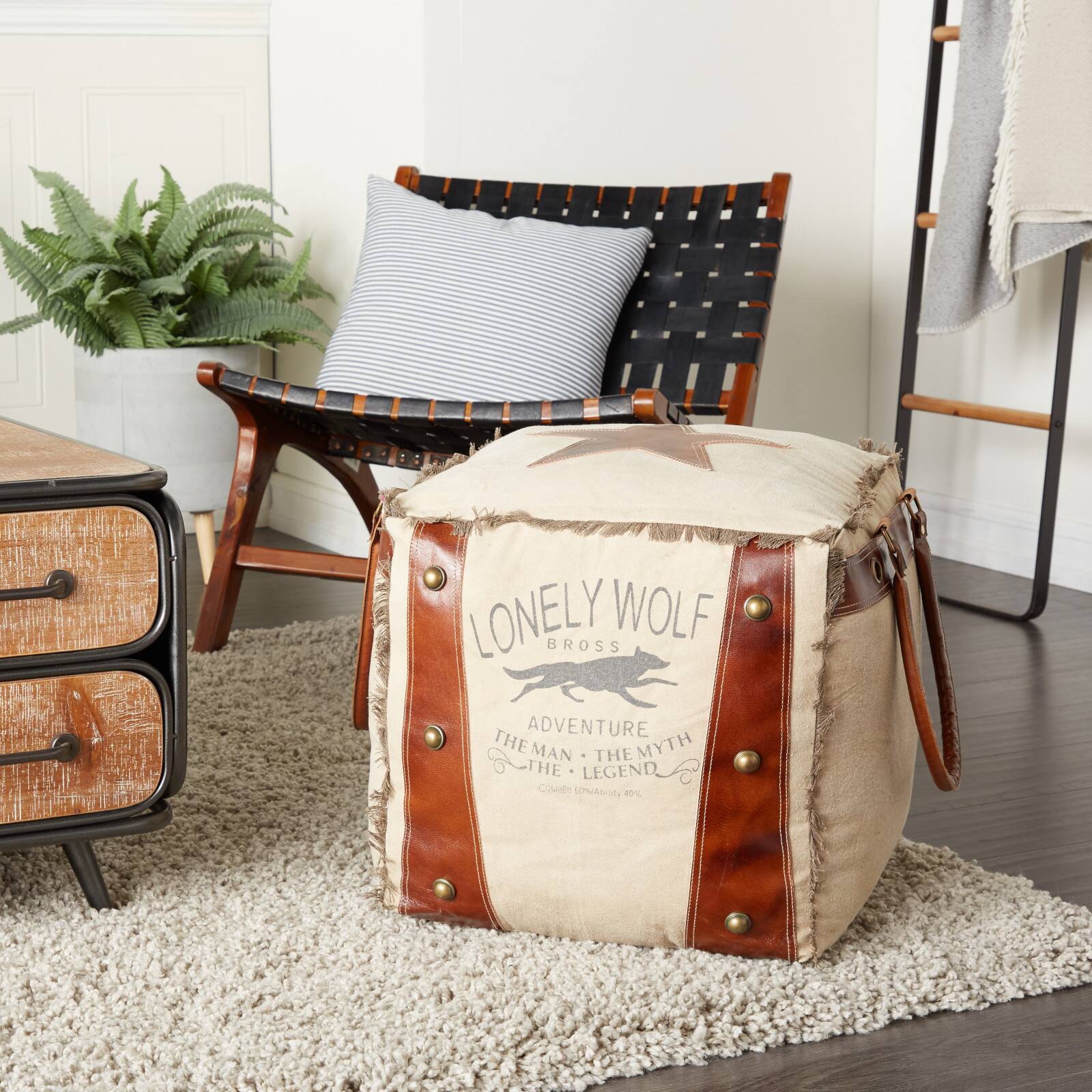 Brown Canvas Rustic Stool, 19" x 20" x 20"