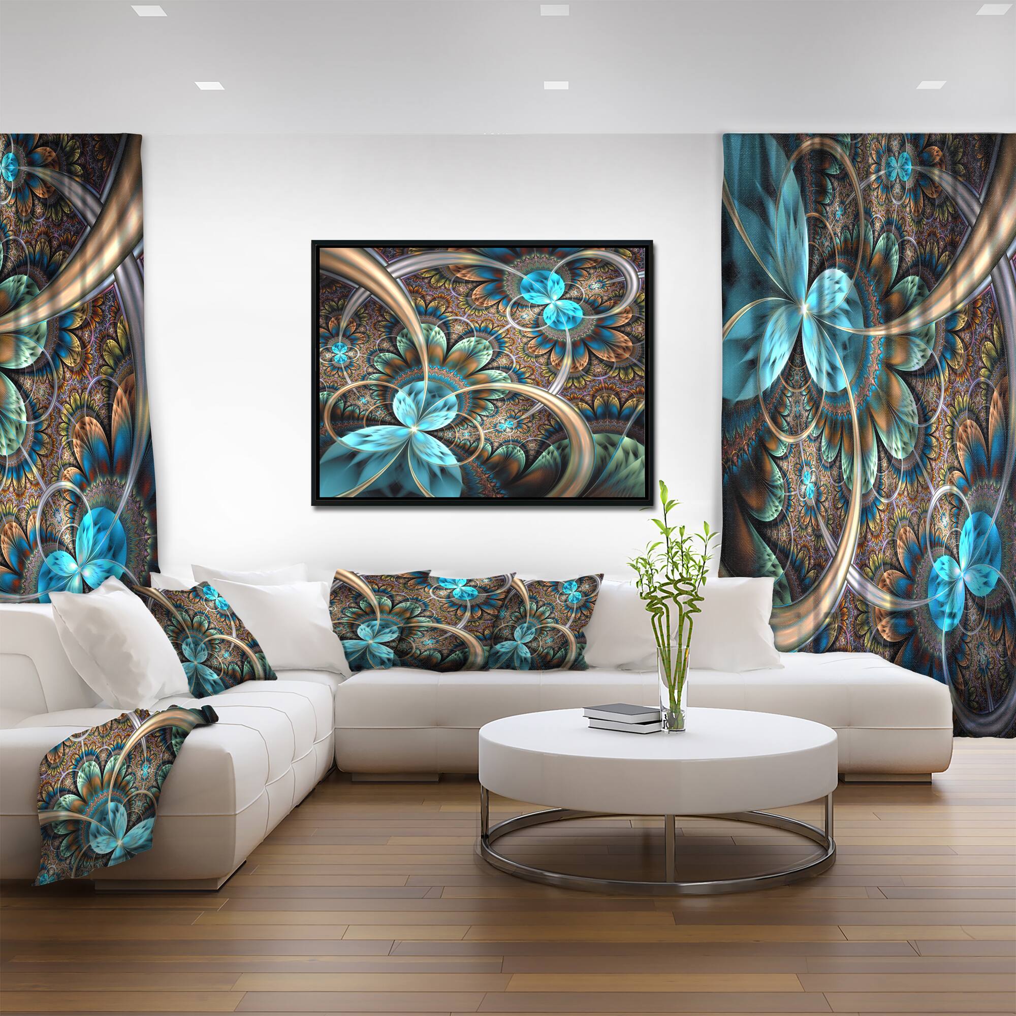 Designart - Light Blue Fractal Flower - Floral Art Framed Canvas Print