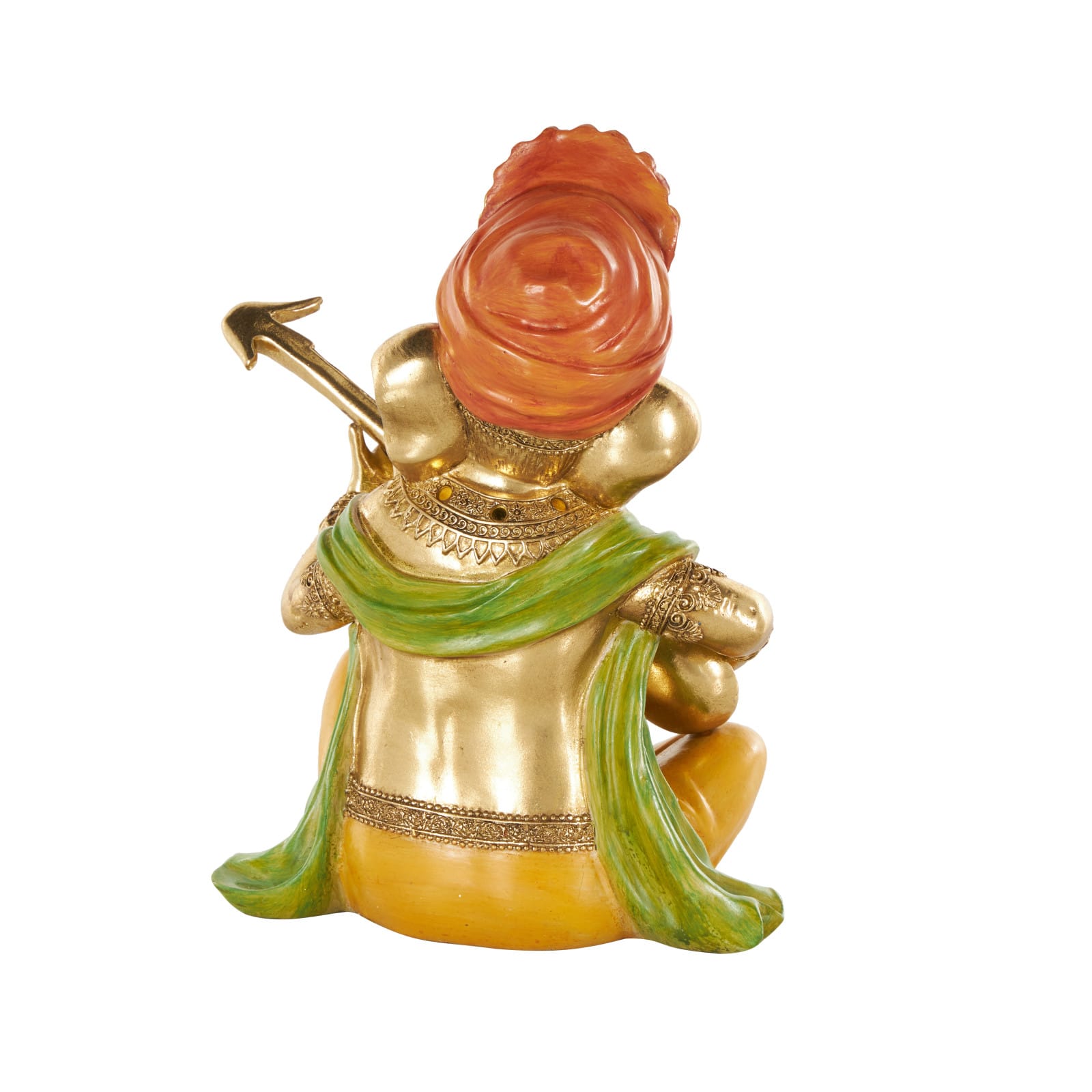 10.75" Gold Ganesh Musician Decorative Sculpture with Green, Yellow, and Red Accents