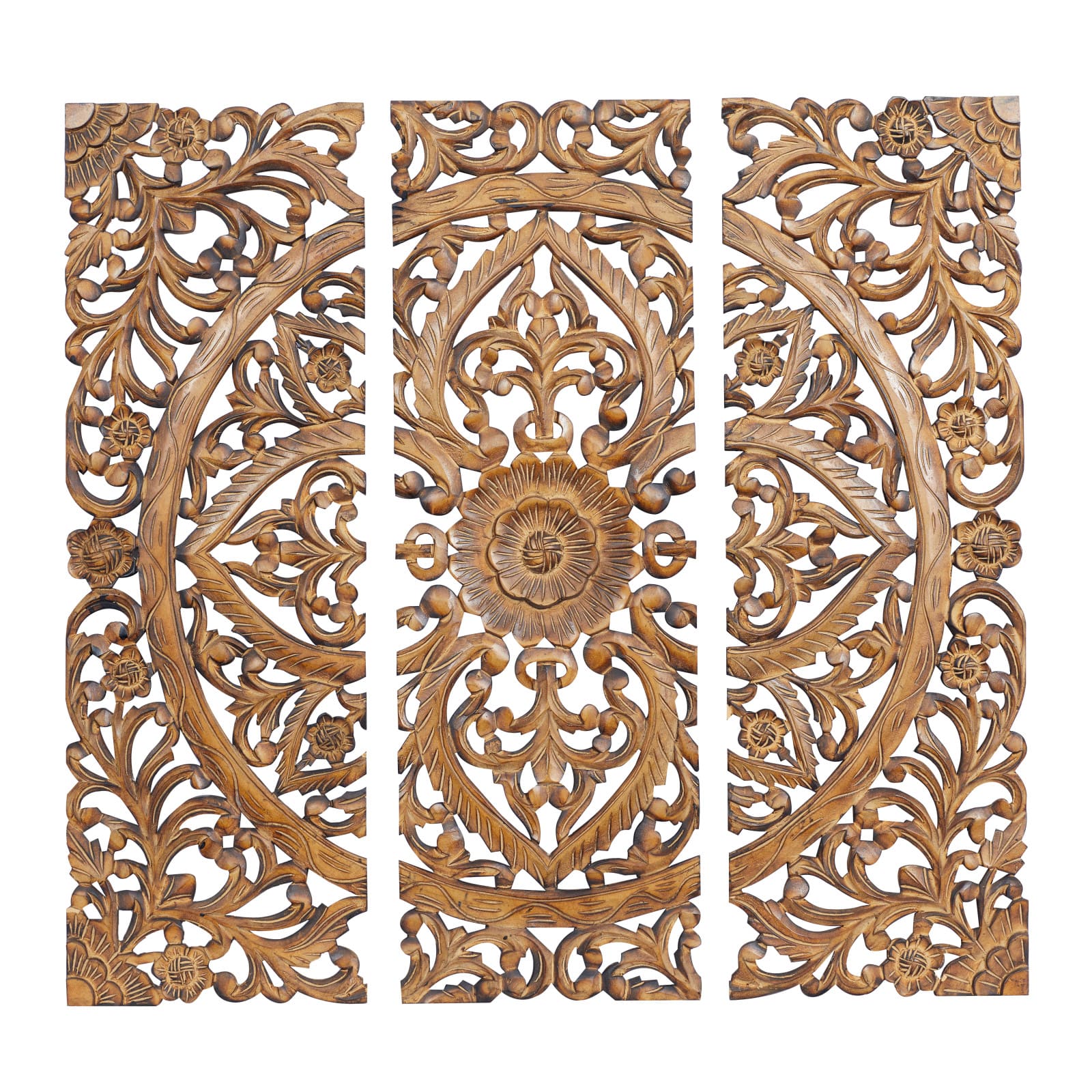 36" Brown Wood Traditional Floral Wall Décor Set
