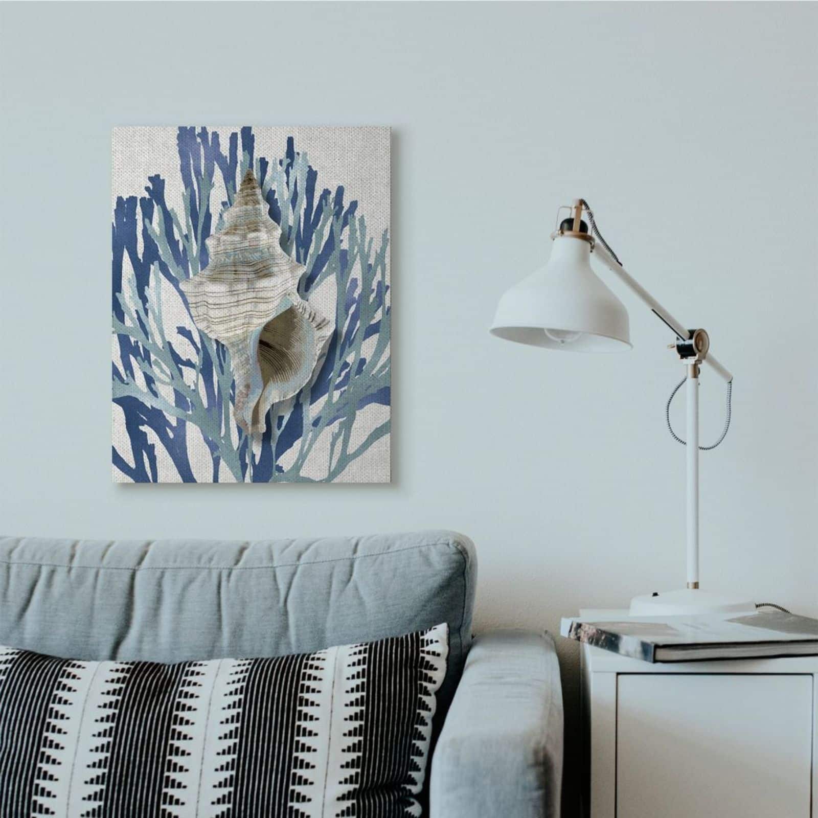 Stupell Industries Tower Shell Coral Blue Beach Design Canvas Wall Art