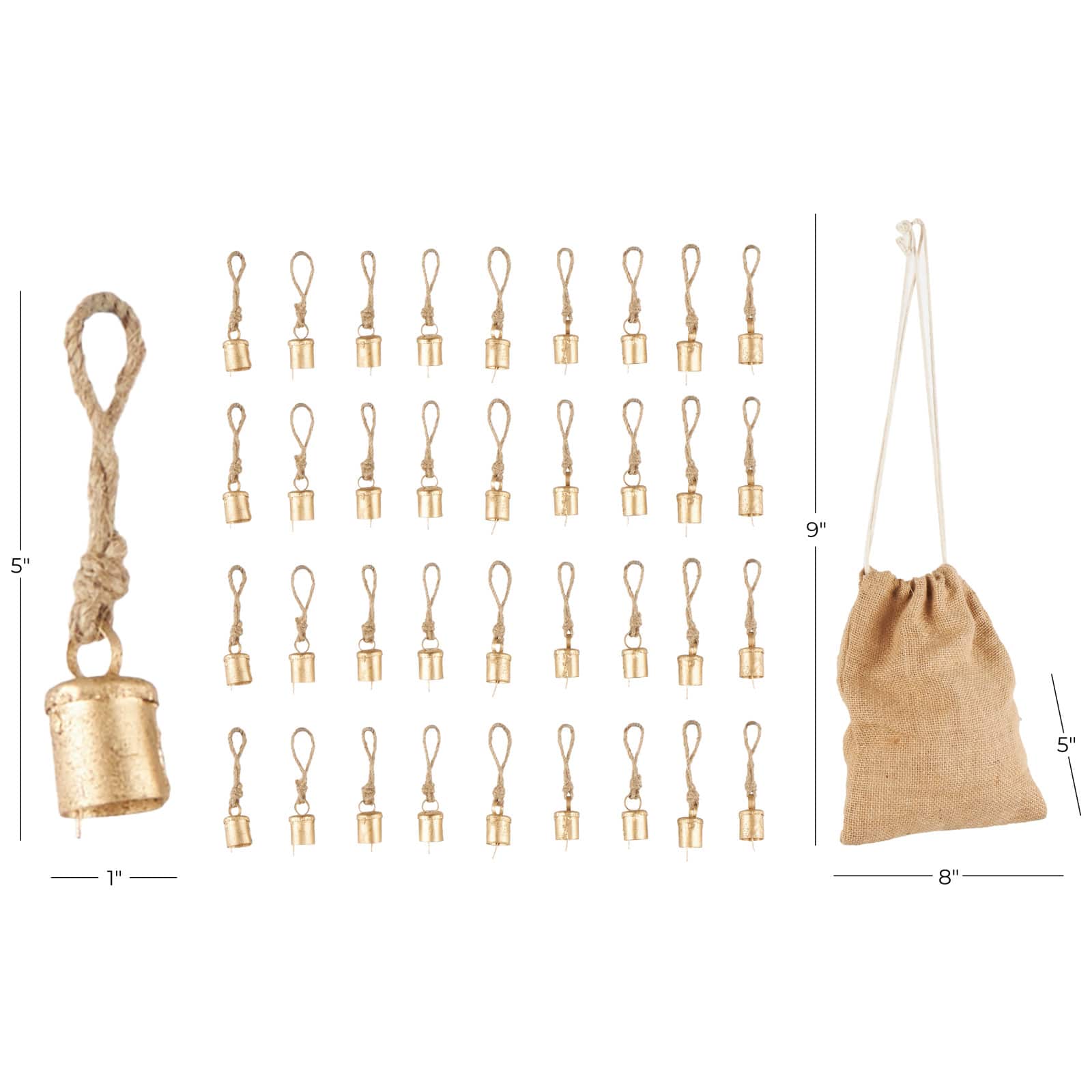 Gold Metal Tibetan-Inspired Decorative Bells with Brown Jute Rope & Canvas Drawstring Tote Set