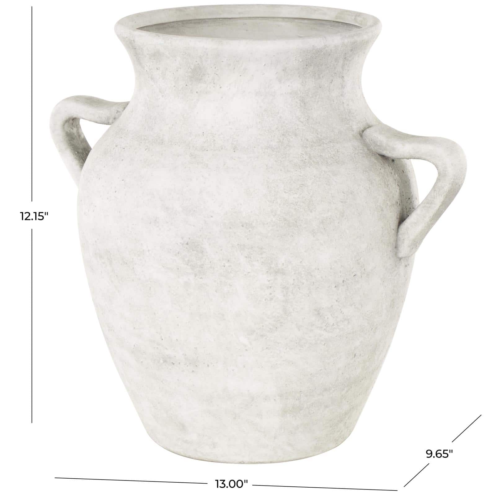 13" White Ceramic Antique Style Textured Vase with Black Shadings & Handles