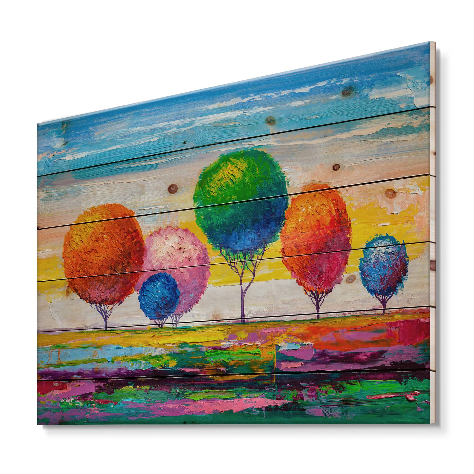 Designart - Colourful Ornamental Trees VI - Modern Print on Natural Pine Wood