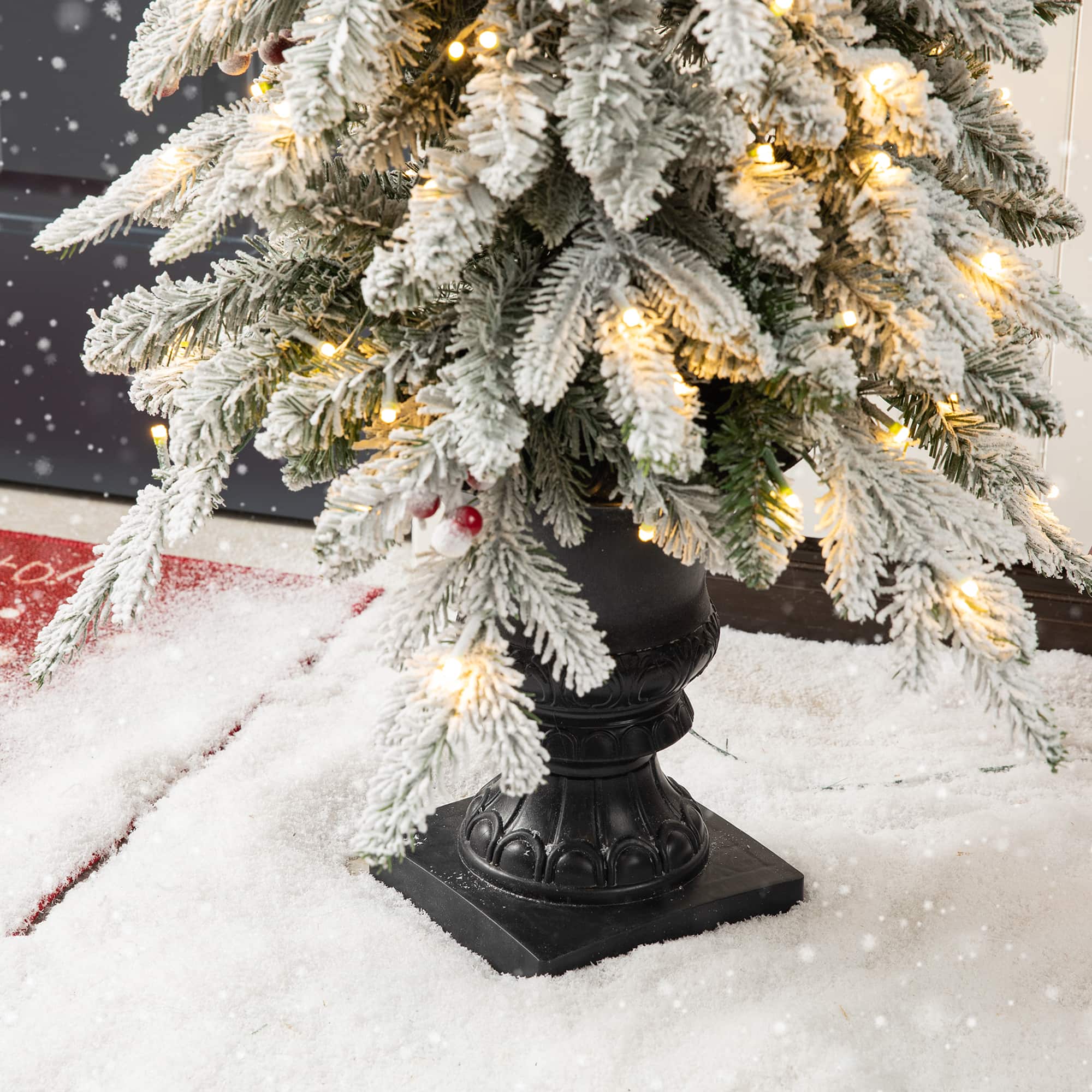 4ft. Pre-Lit Flocked Red Berry Fir Artificial Christmas Porch Tree in Urn, White Lights
