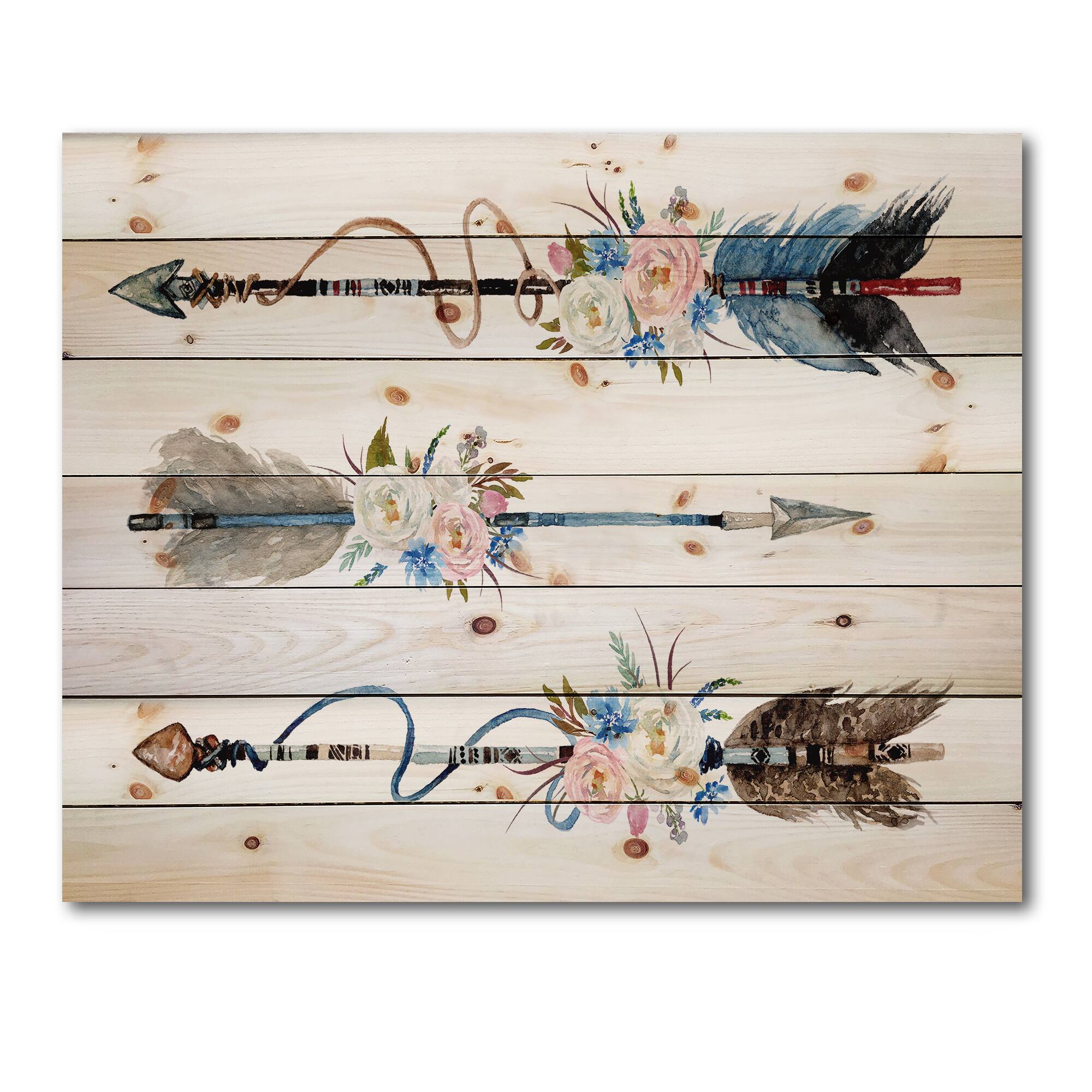 Designart - Ethnic Feathers and Flowers On Native Arrows I - Bohemian & Eclectic Print on Natural Pine Wood