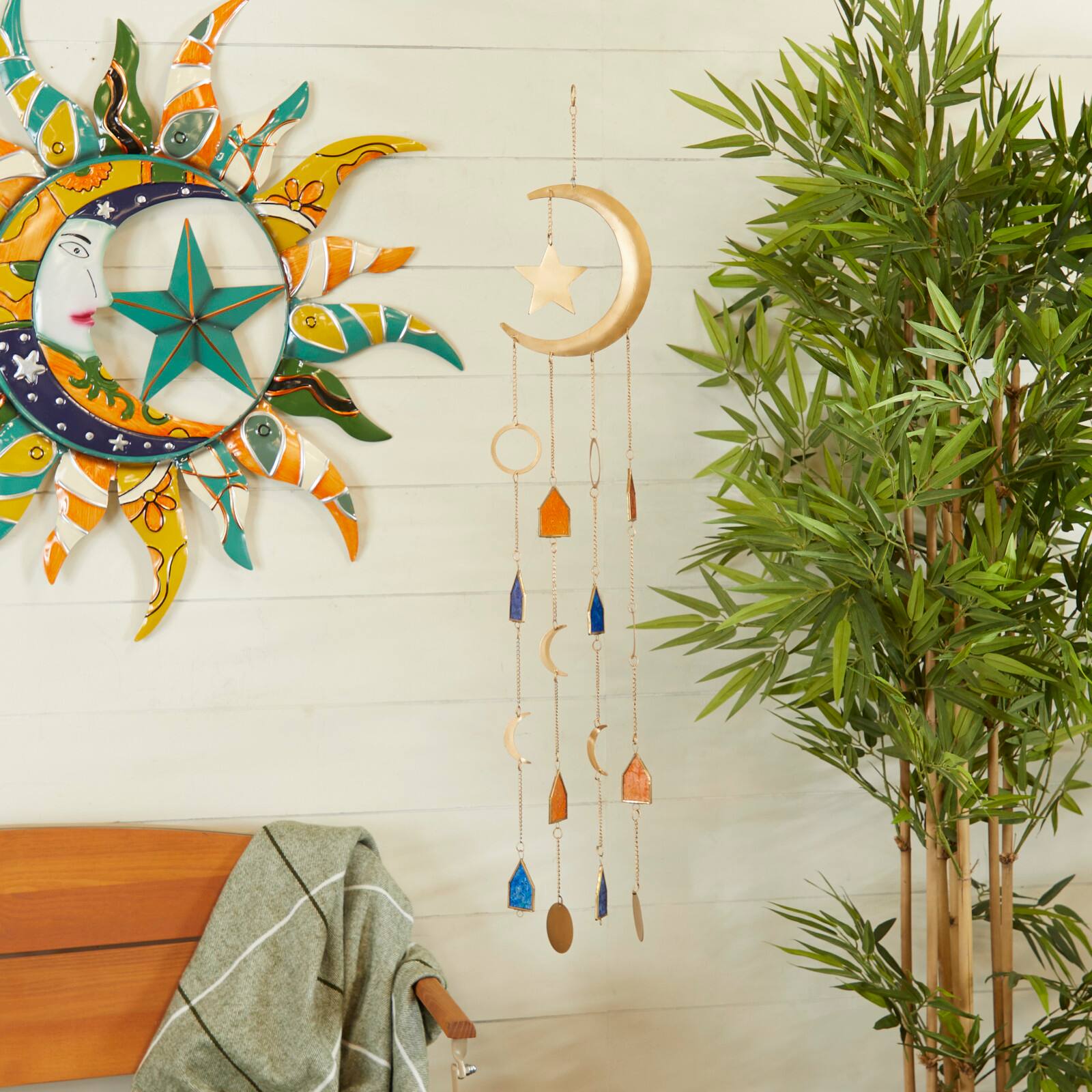 Gold Contemporary Moon and Sun Windchime, 8" x 2" x 42"