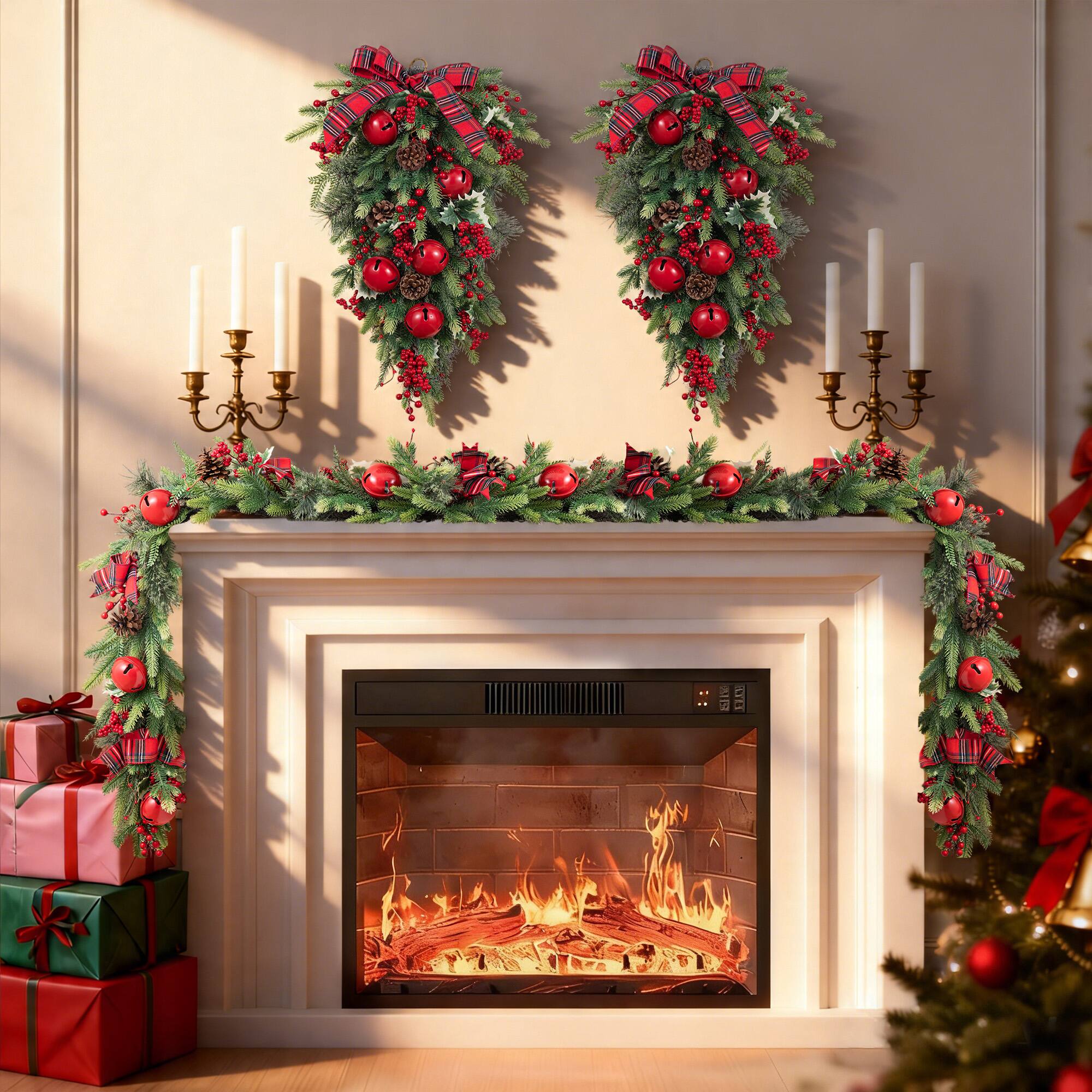 Glitzhome® 28" Christmas Bell Pinecone & Berry Bow Teardrop, Set of 2
