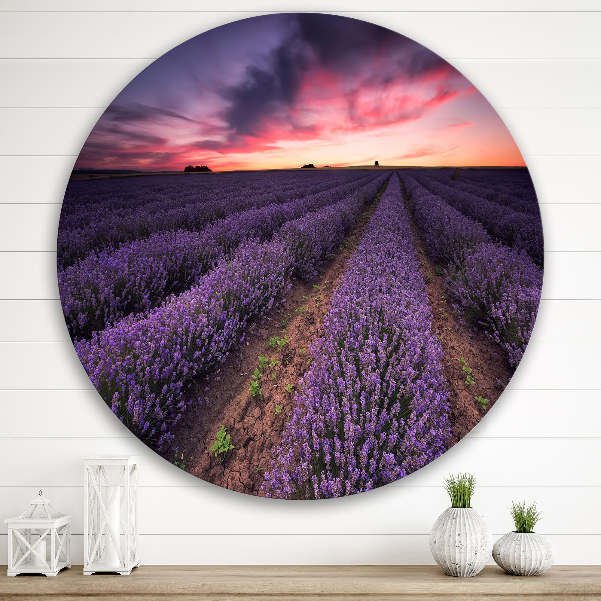 Designart - Sunrise & Dramatic Clouds Over Lavender Field IX - Farmhouse Metal Circle Wall Art