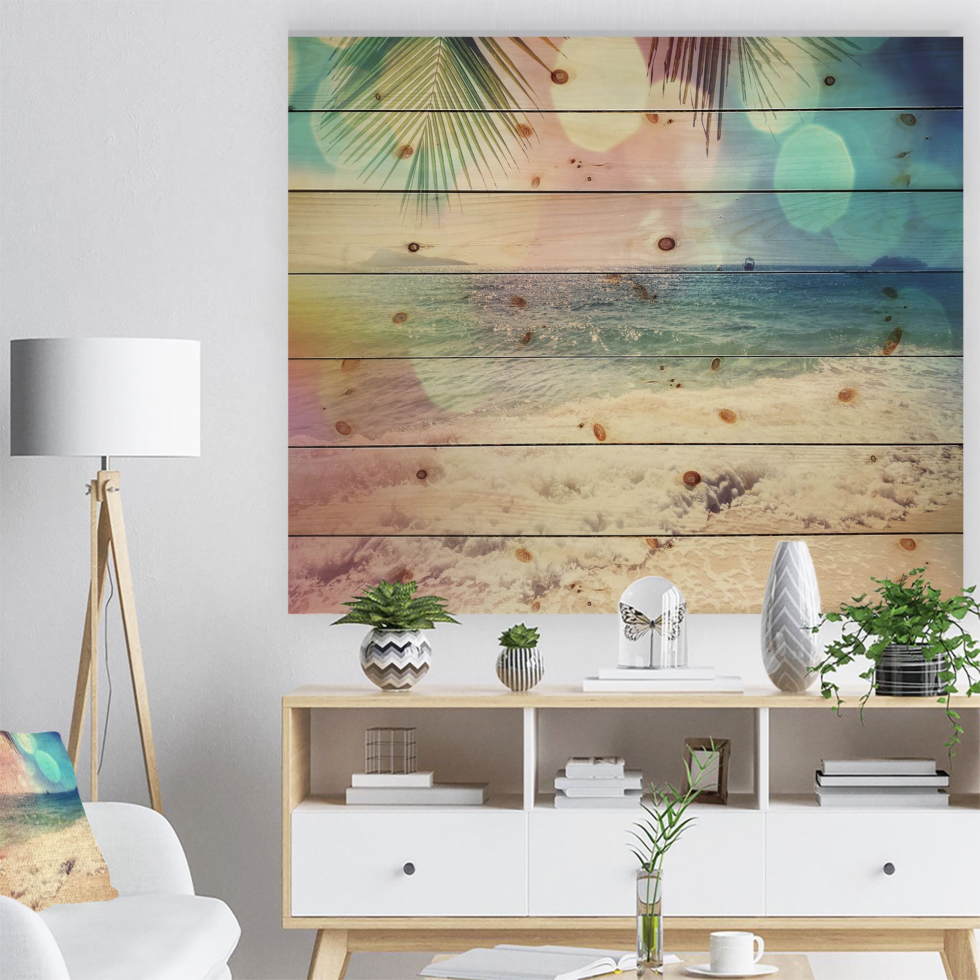 Designart - Colorful Serenity Tropical Beach - Seashore Print on Natural Pine Wood