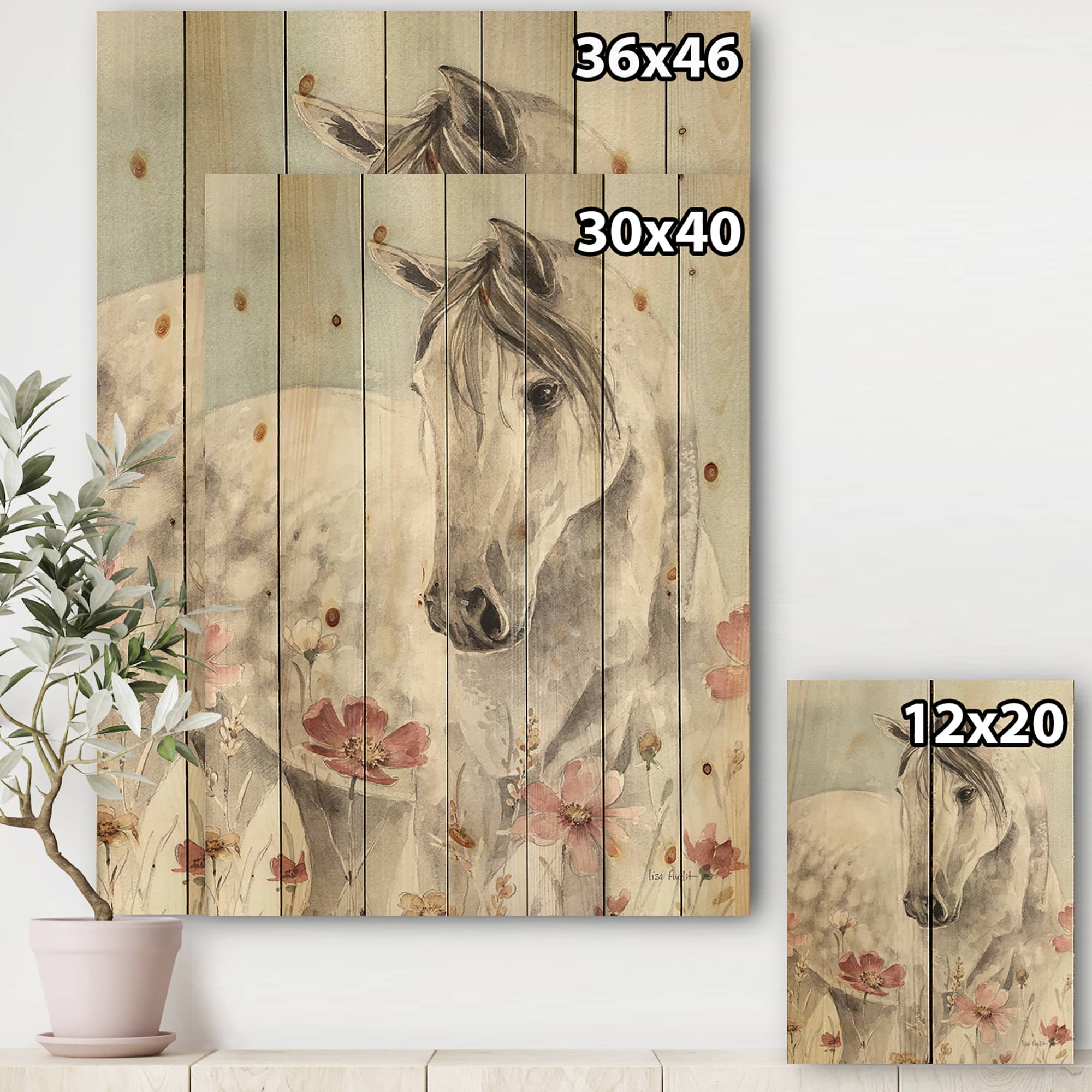 Designart - watercolors Pink Wild Horses II - Farmhouse Print on Natural Pine Wood