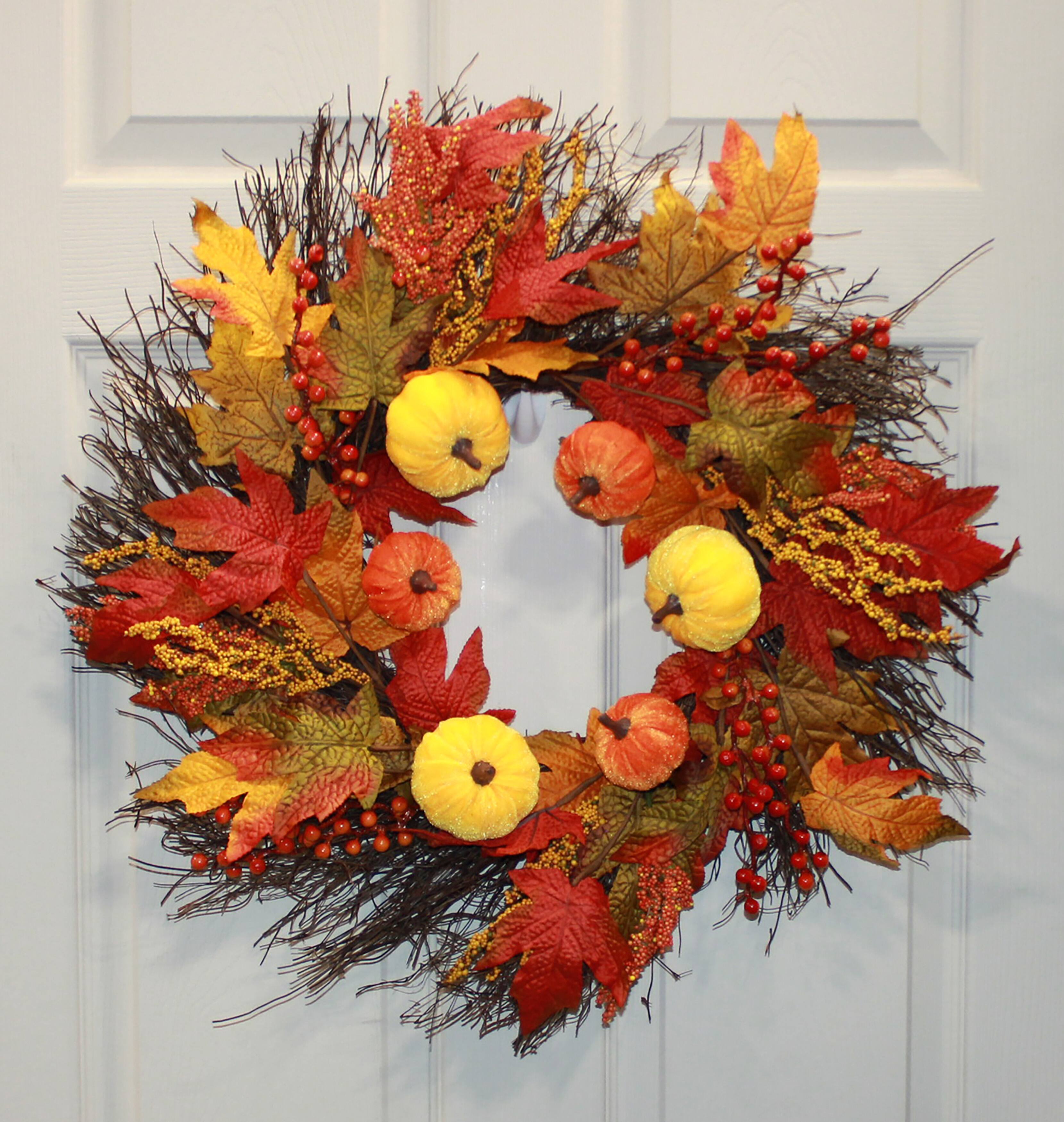 22" Pumpkin & Maple Leaf Fall Wreath on Twig Base