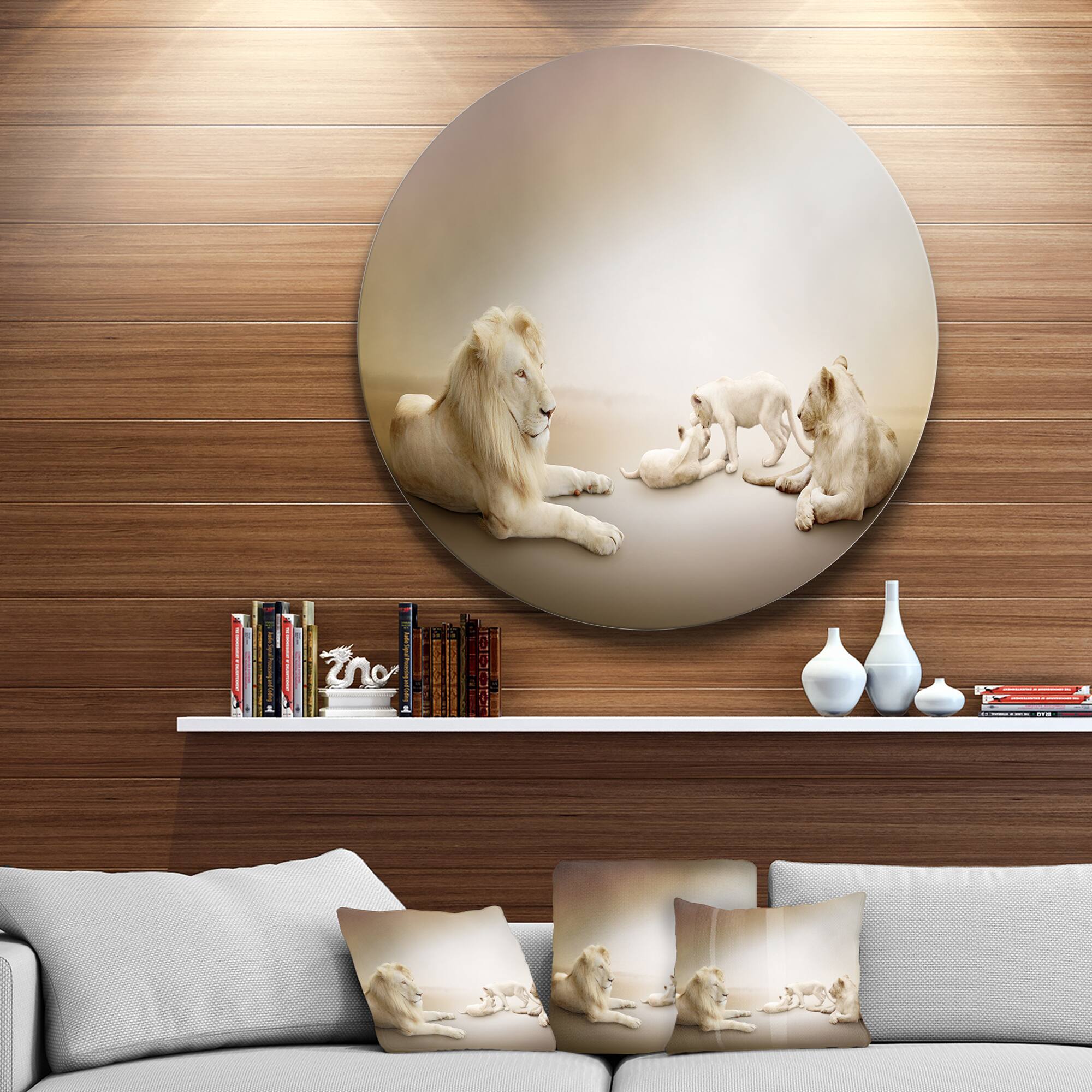 Designart - White Lion Family' Ultra Glossy Animal Oversized Metal Circle Wall Art