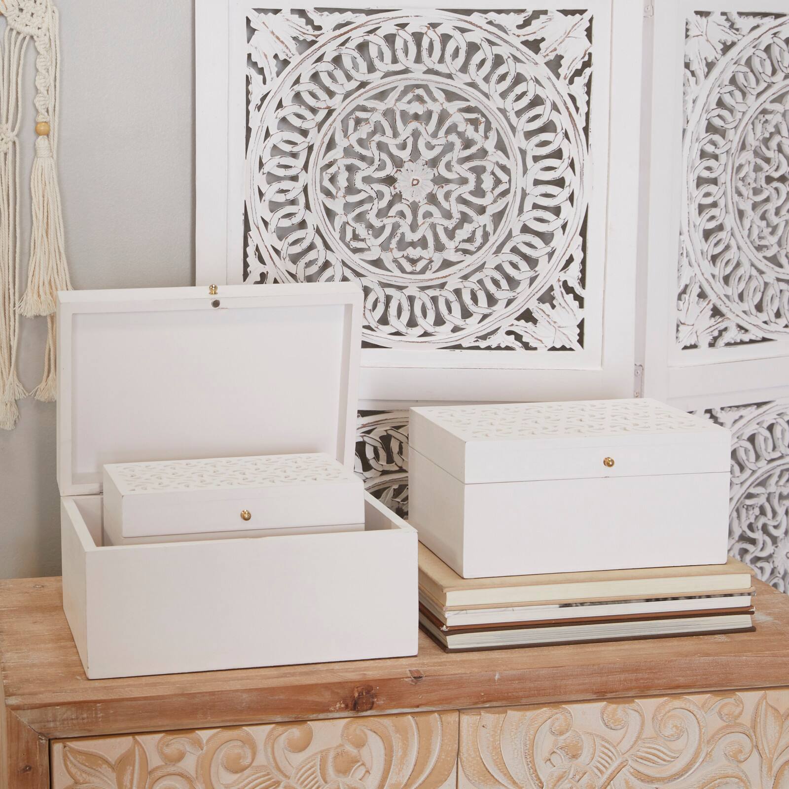 White Wood Intricate Carved Box with Hinged Lid Set
